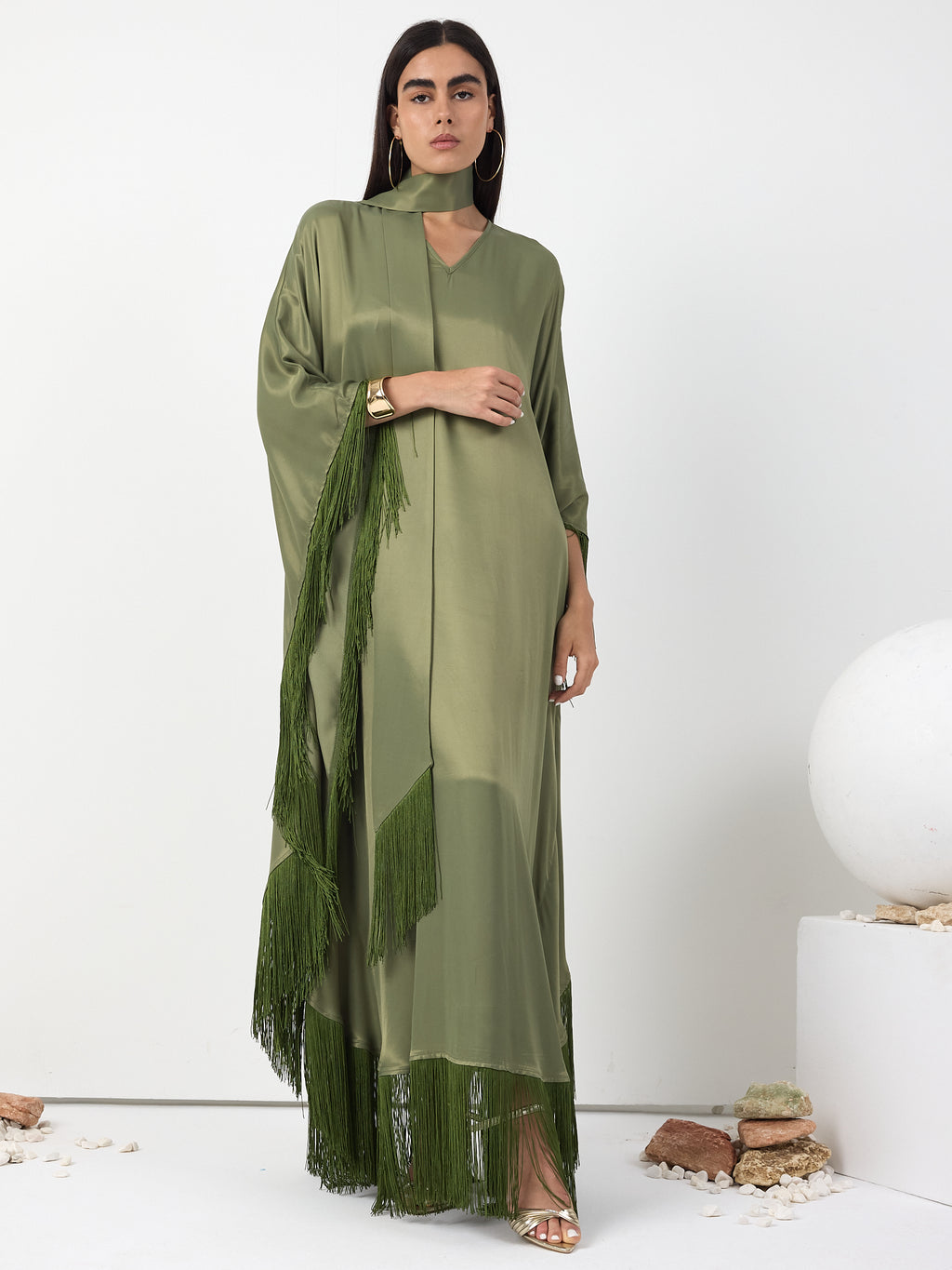 Green Fringed V Neck Kaftan Dress With Tie Neck Detailed