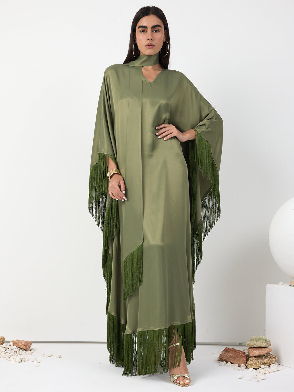 Green Fringed V Neck Kaftan Dress With Tie Neck Detailed