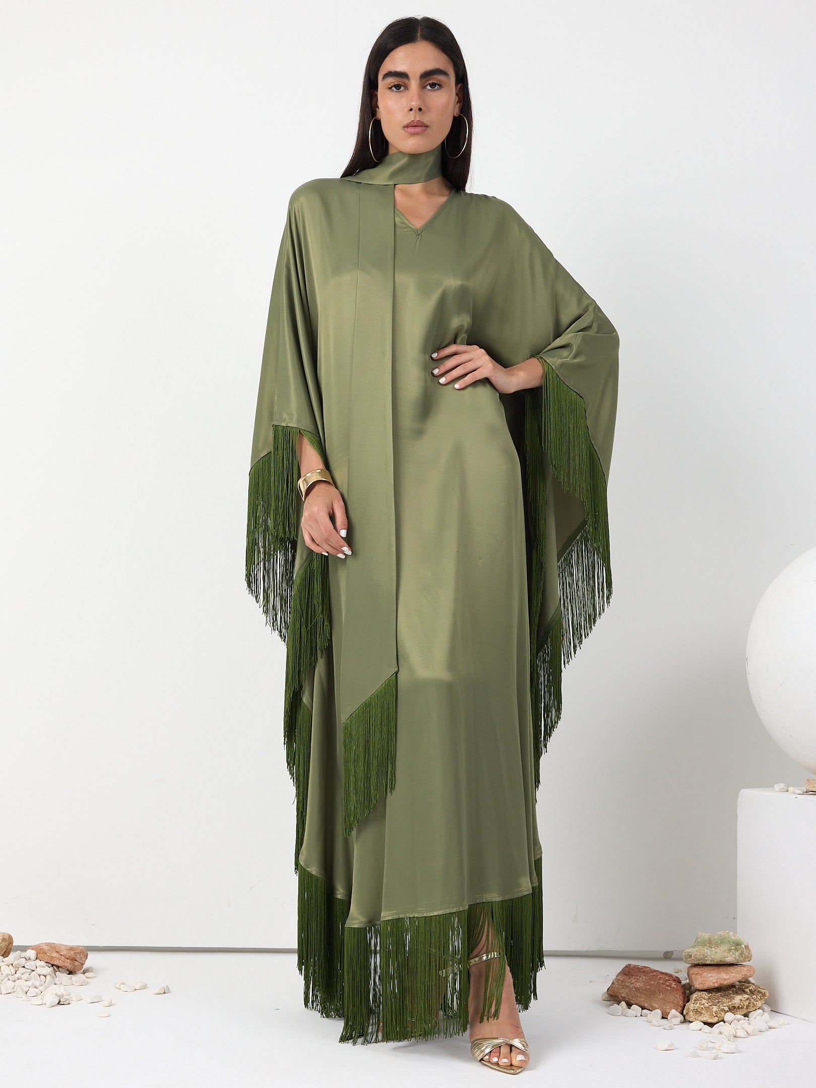 Green Fringed V Neck Kaftan Dress With Tie Neck Detailed