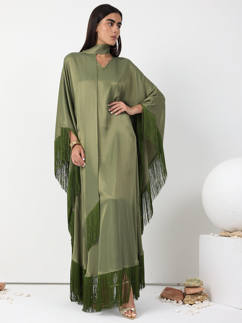 Green Fringed V Neck Kaftan Dress With Tie Neck Detailed