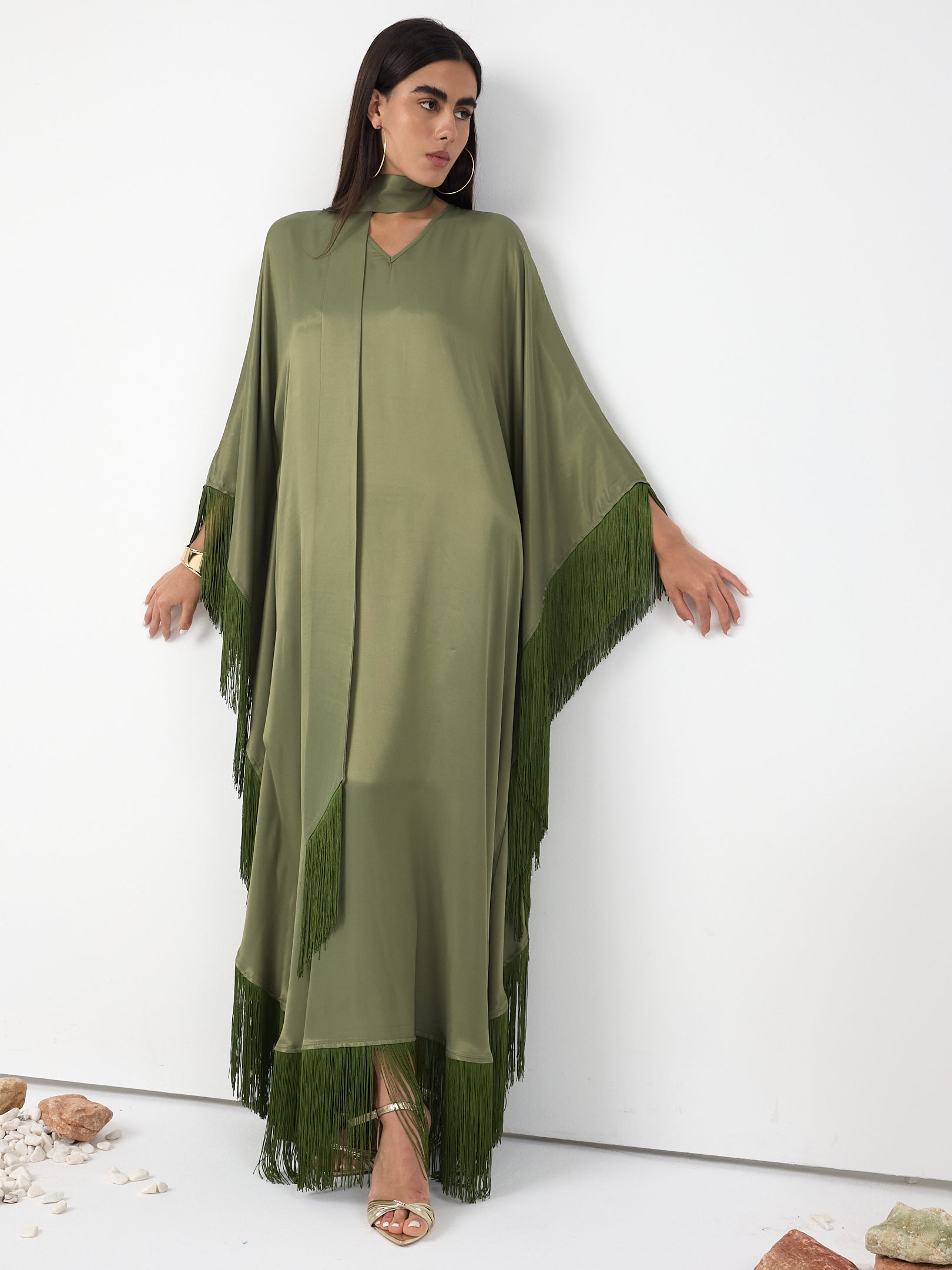 Green Fringed V Neck Kaftan Dress With Tie Neck Detailed