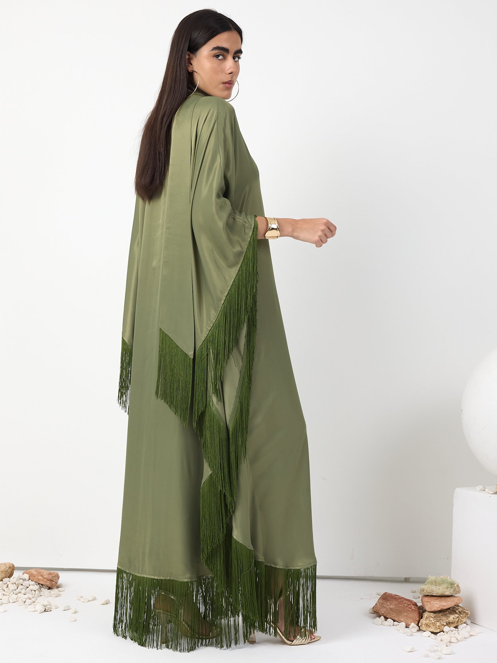 Green Fringed V Neck Kaftan Dress With Tie Neck Detailed