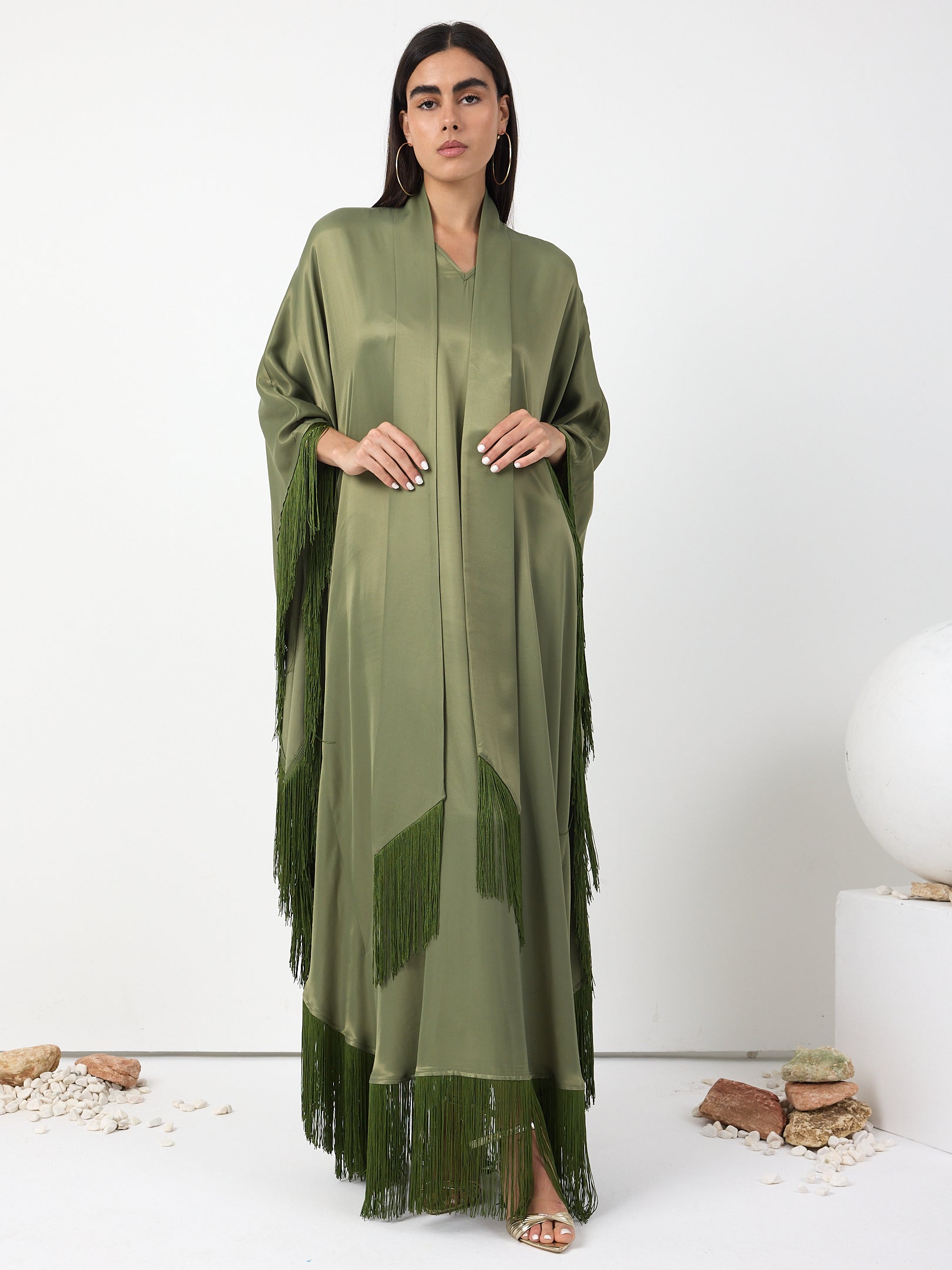 Green Fringed V Neck Kaftan Dress With Tie Neck Detailed - Store WF