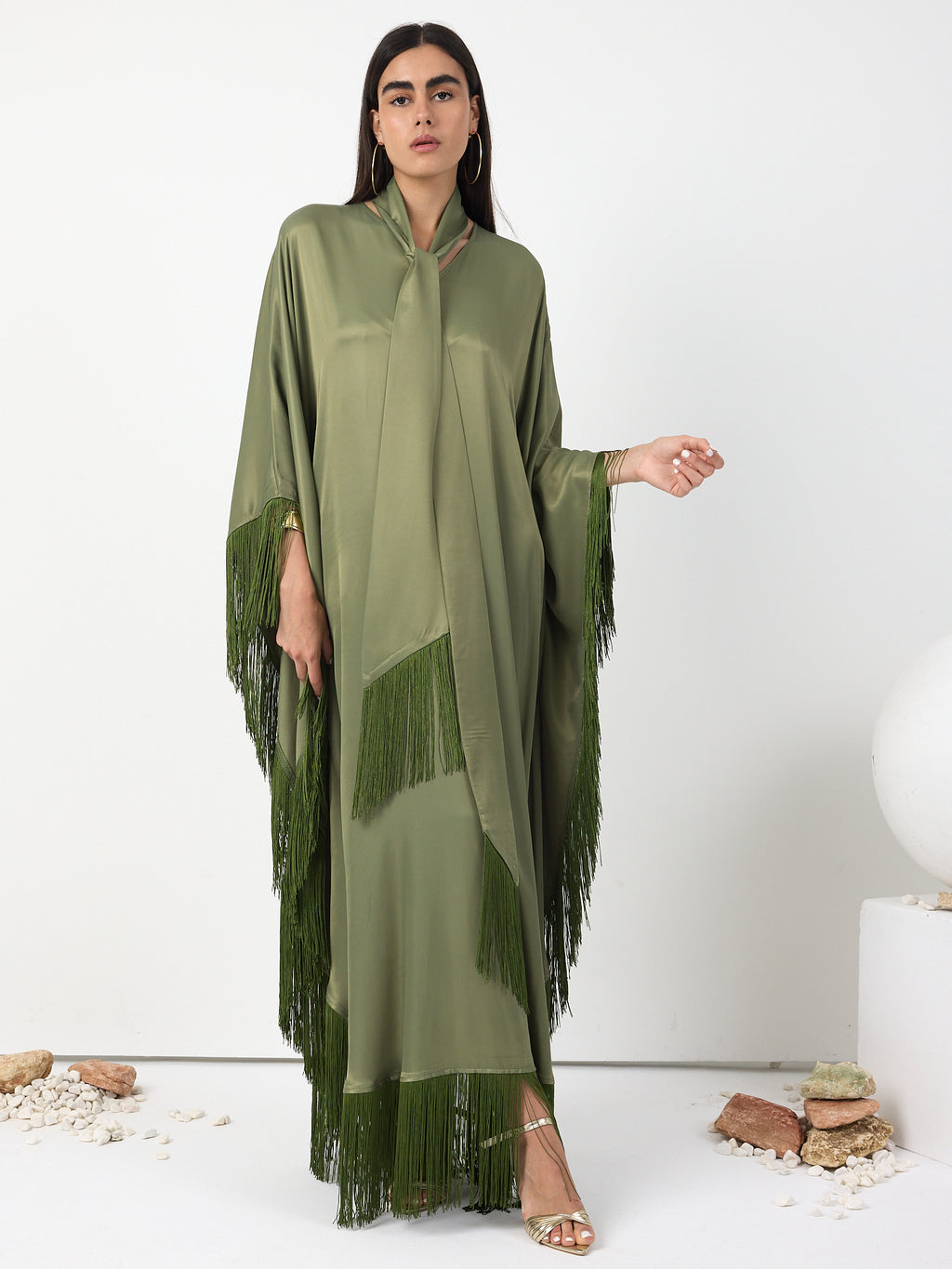 Green Fringed V Neck Kaftan Dress With Tie Neck Detailed