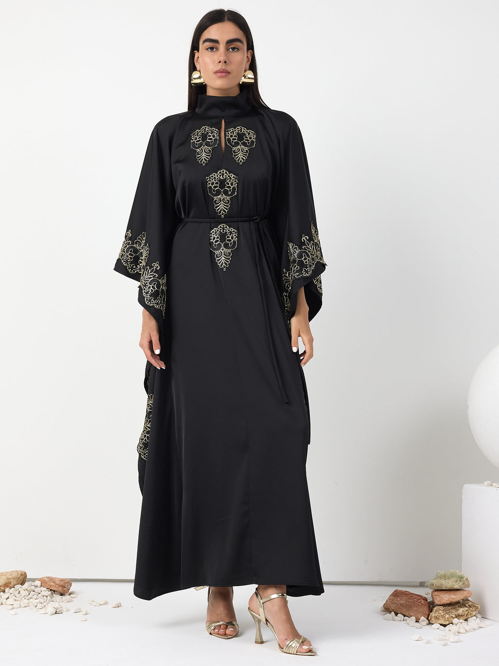 Black Gold Lace Detail Kaftan Dress