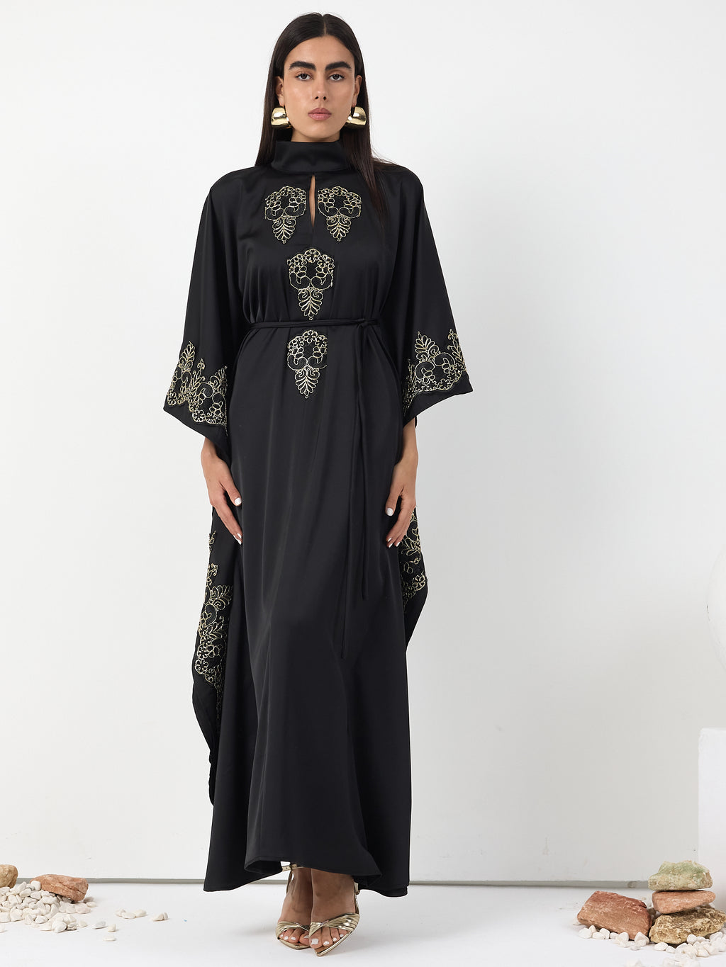 Black Gold Lace Detail Kaftan Dress