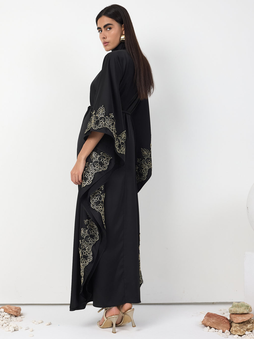 Black Gold Lace Detail Kaftan Dress