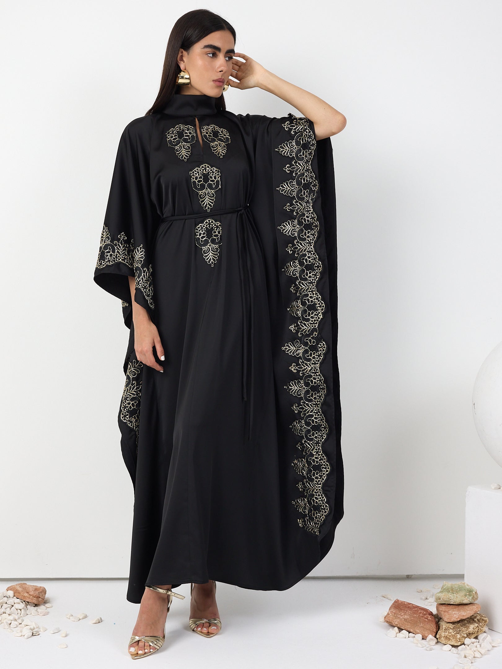 Black Gold Lace Detail Kaftan Dress
