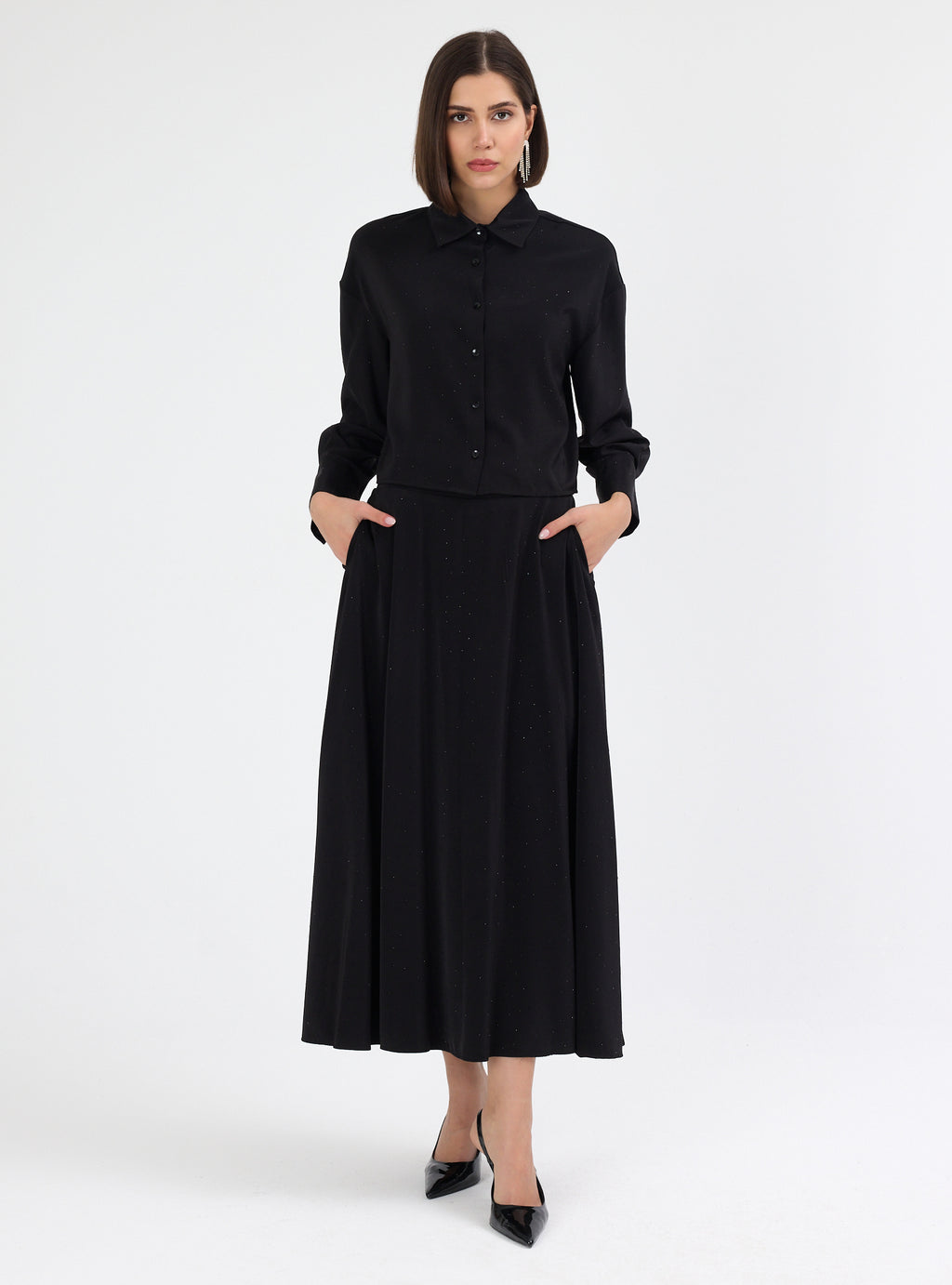 Black Crystal Embellished Skirt & Shirt Set - Store WF