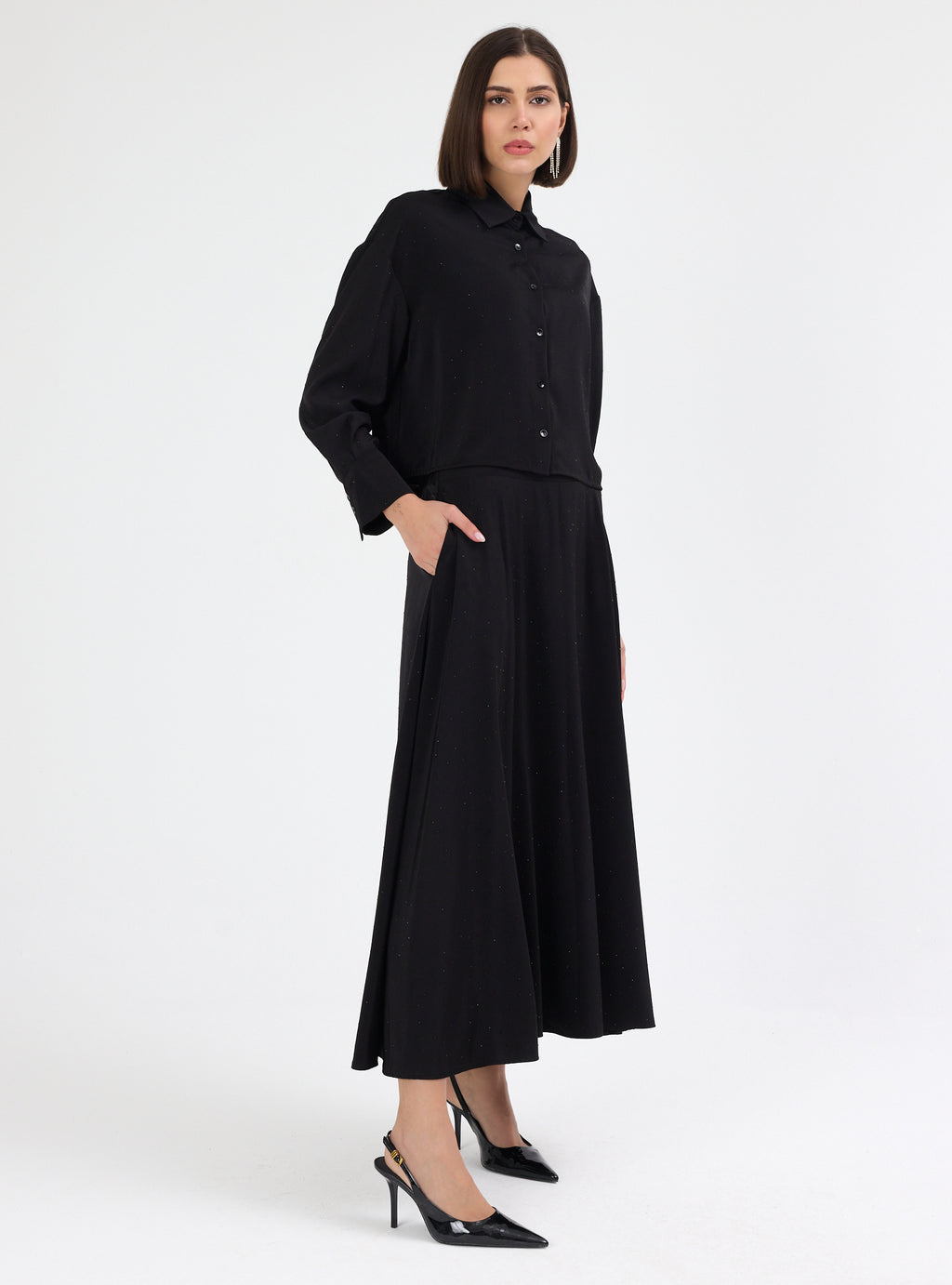 Black Crystal Embellished Skirt & Shirt Set - Store WF