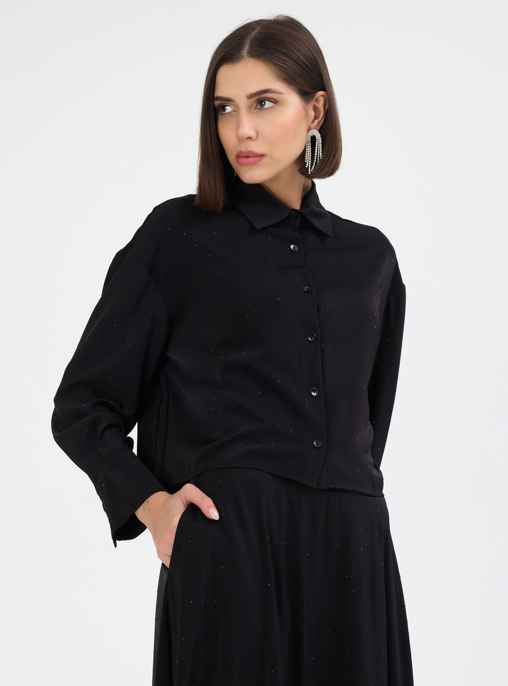 Black Crystal Embellished Skirt & Shirt Set - Store WF