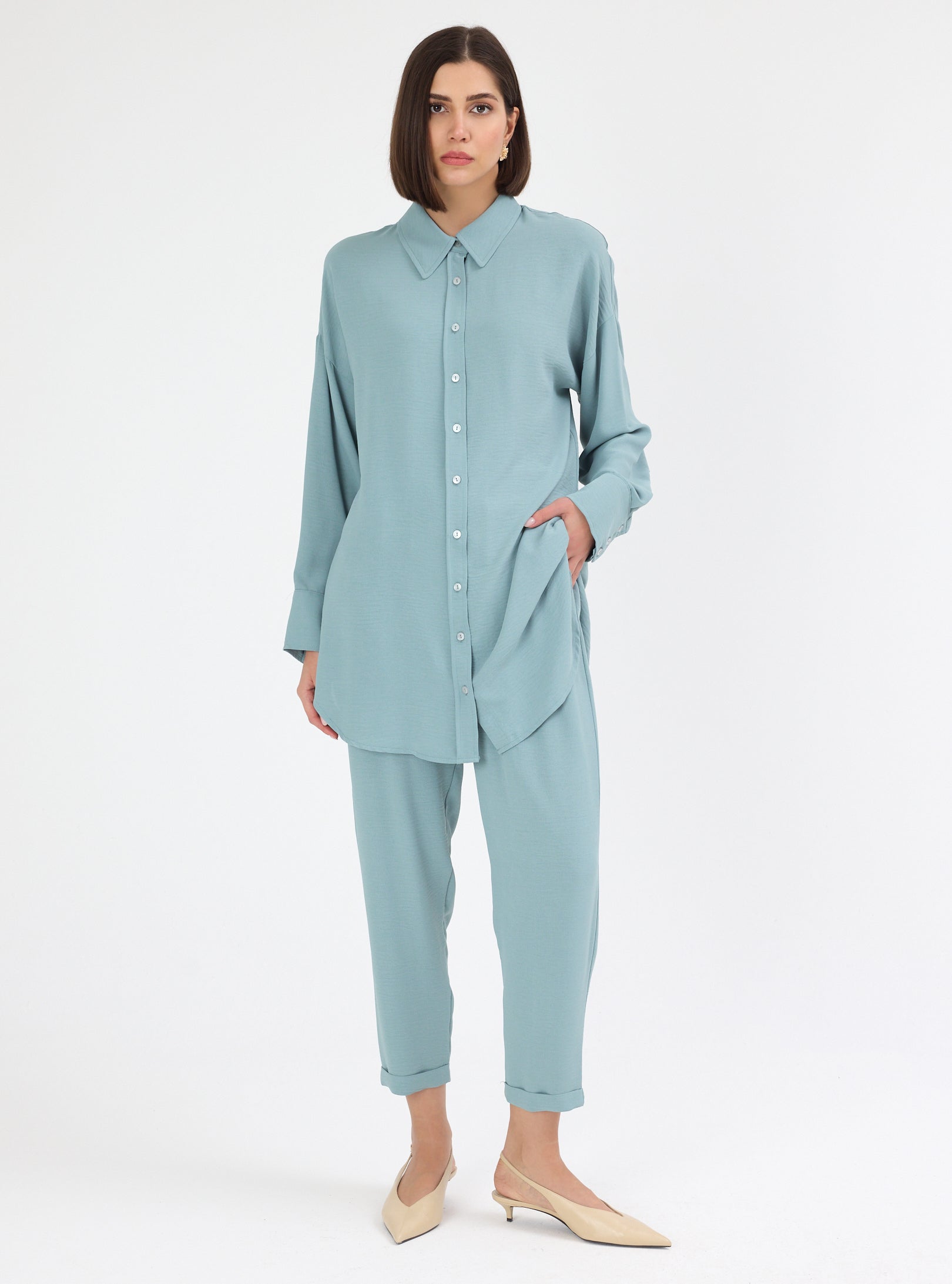 ⁠Sage Button-Down Tunic & Pants Set - Store WF