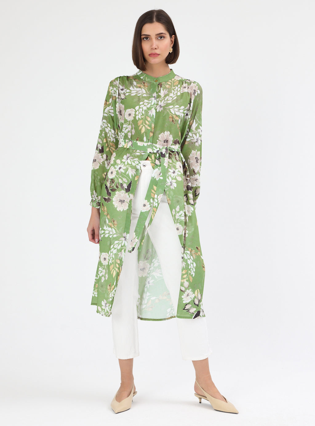 Green Flower Print Shirt Tunic - Store WF