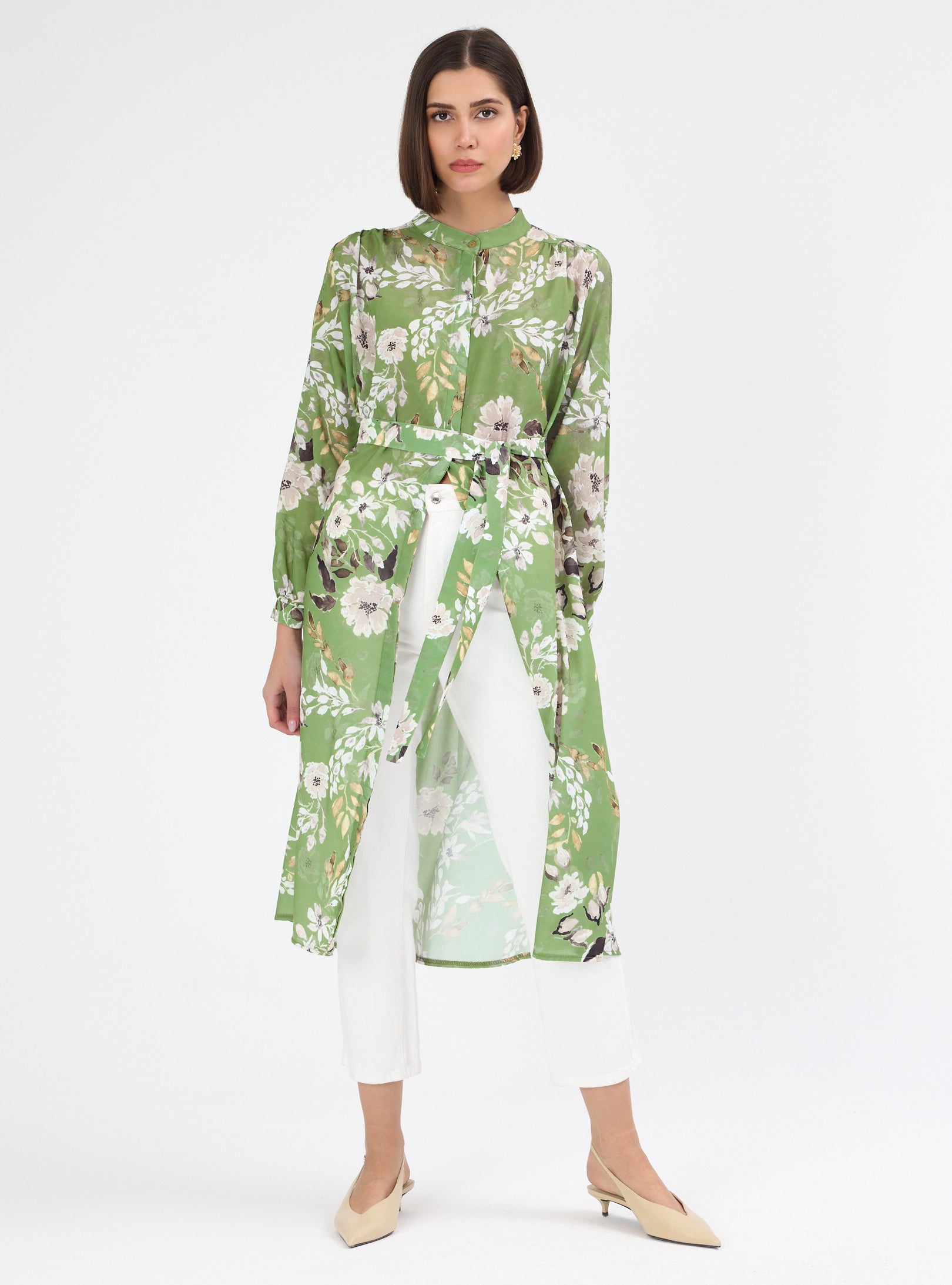 Green Flower Print Shirt Tunic - Store WF