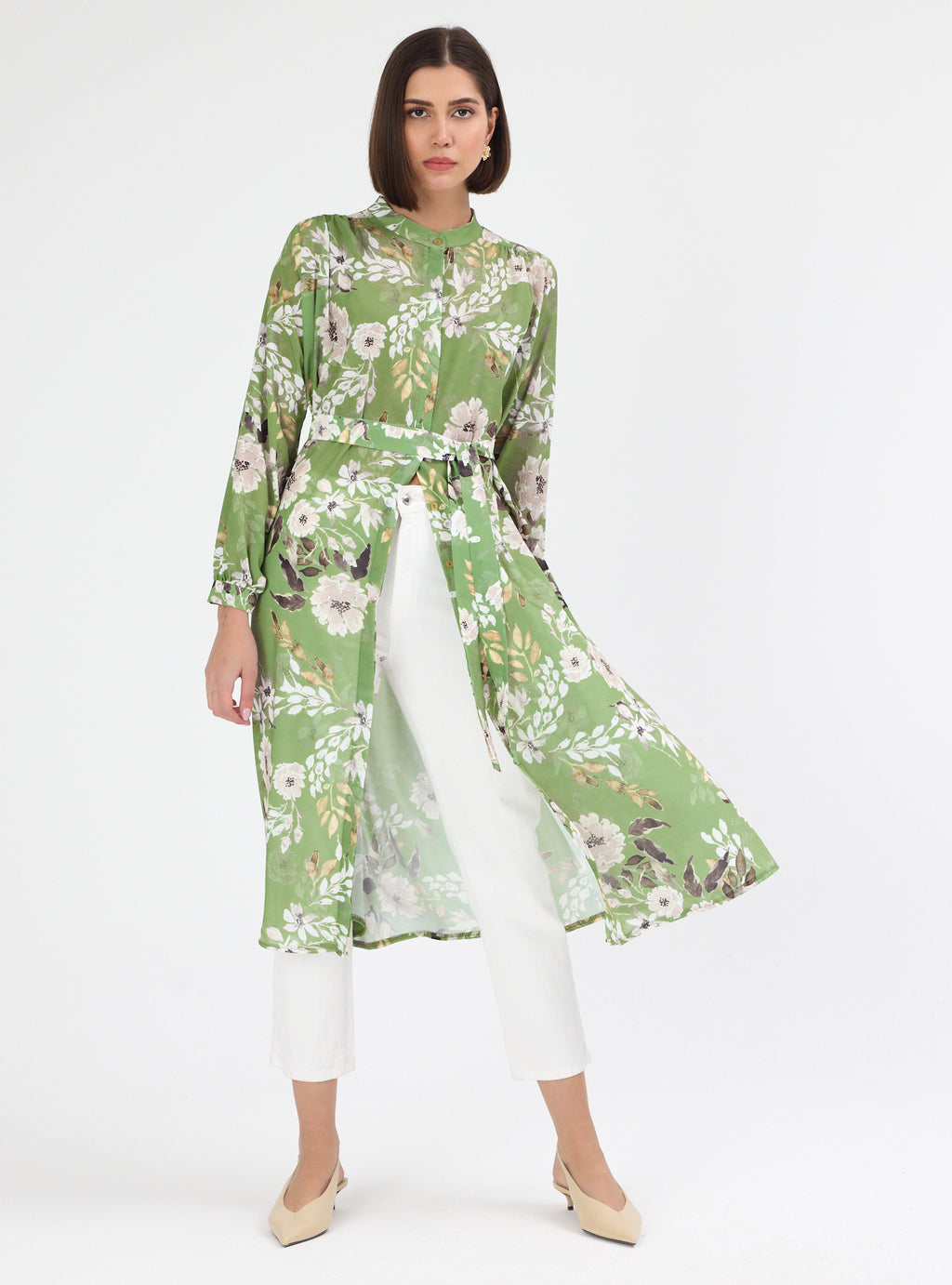 Green Flower Print Shirt Tunic - Store WF
