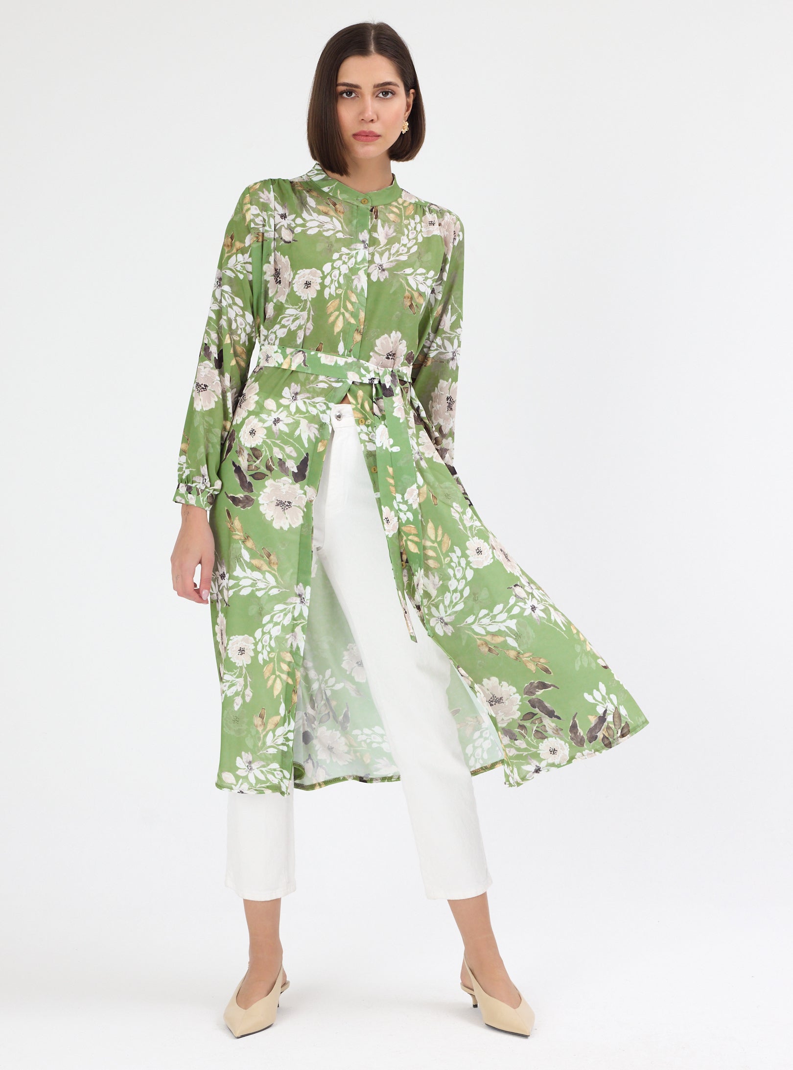 Green Flower Print Shirt Tunic - Store WF