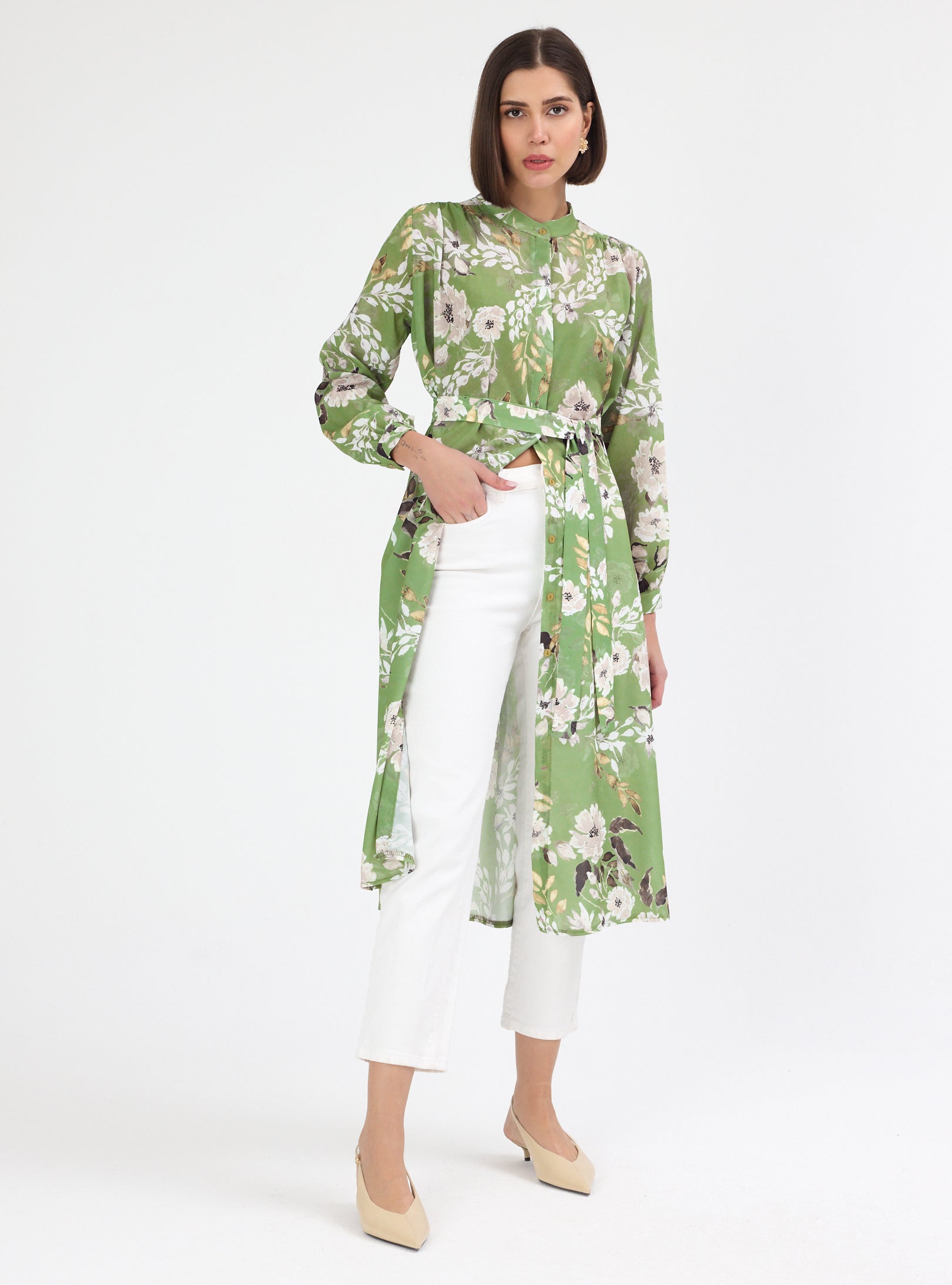 Green Flower Print Shirt Tunic - Store WF