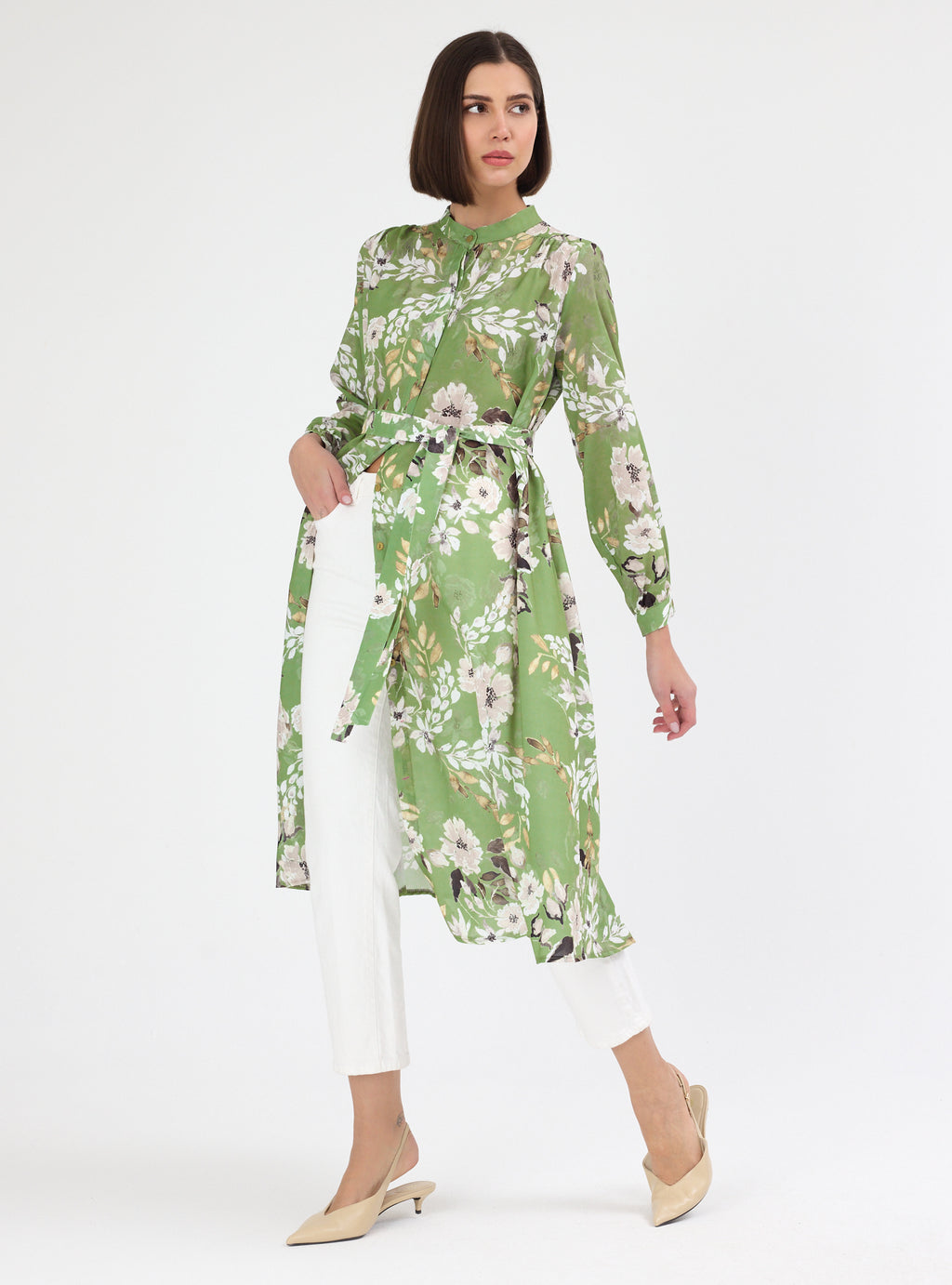Green Flower Print Shirt Tunic - Store WF
