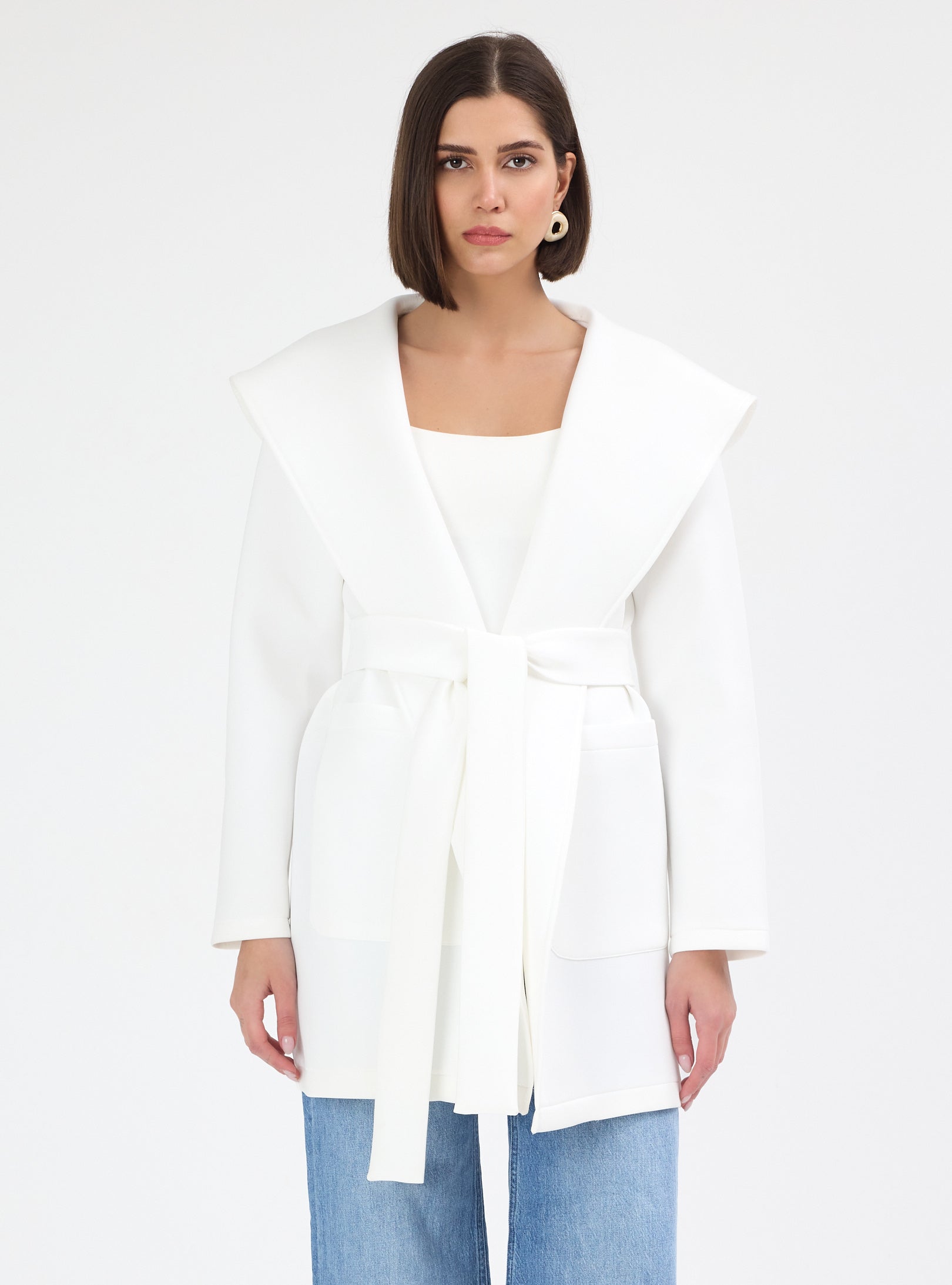 White Scuba Belted Jacket - Store WF