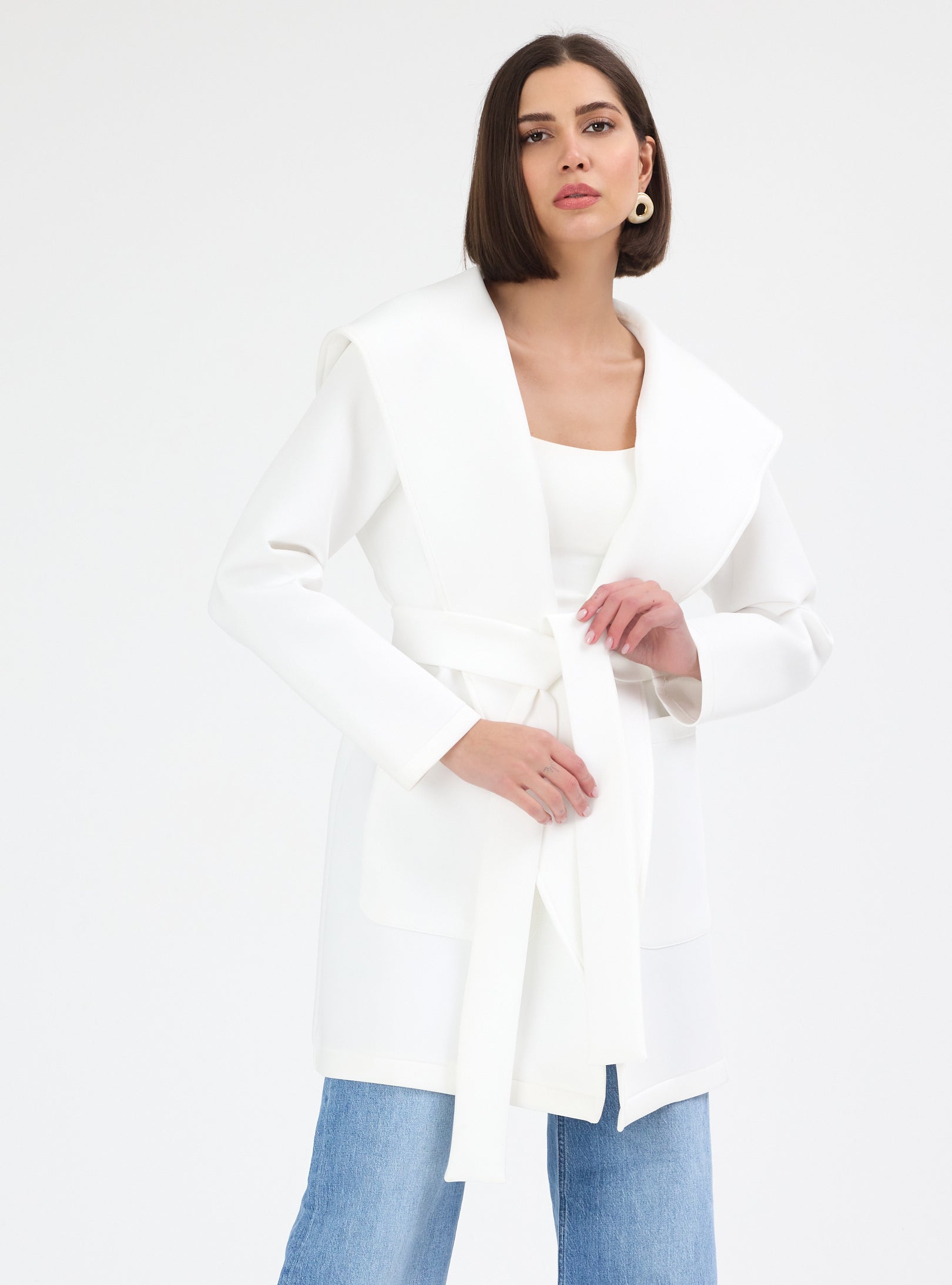 White Scuba Belted Jacket - Store WF