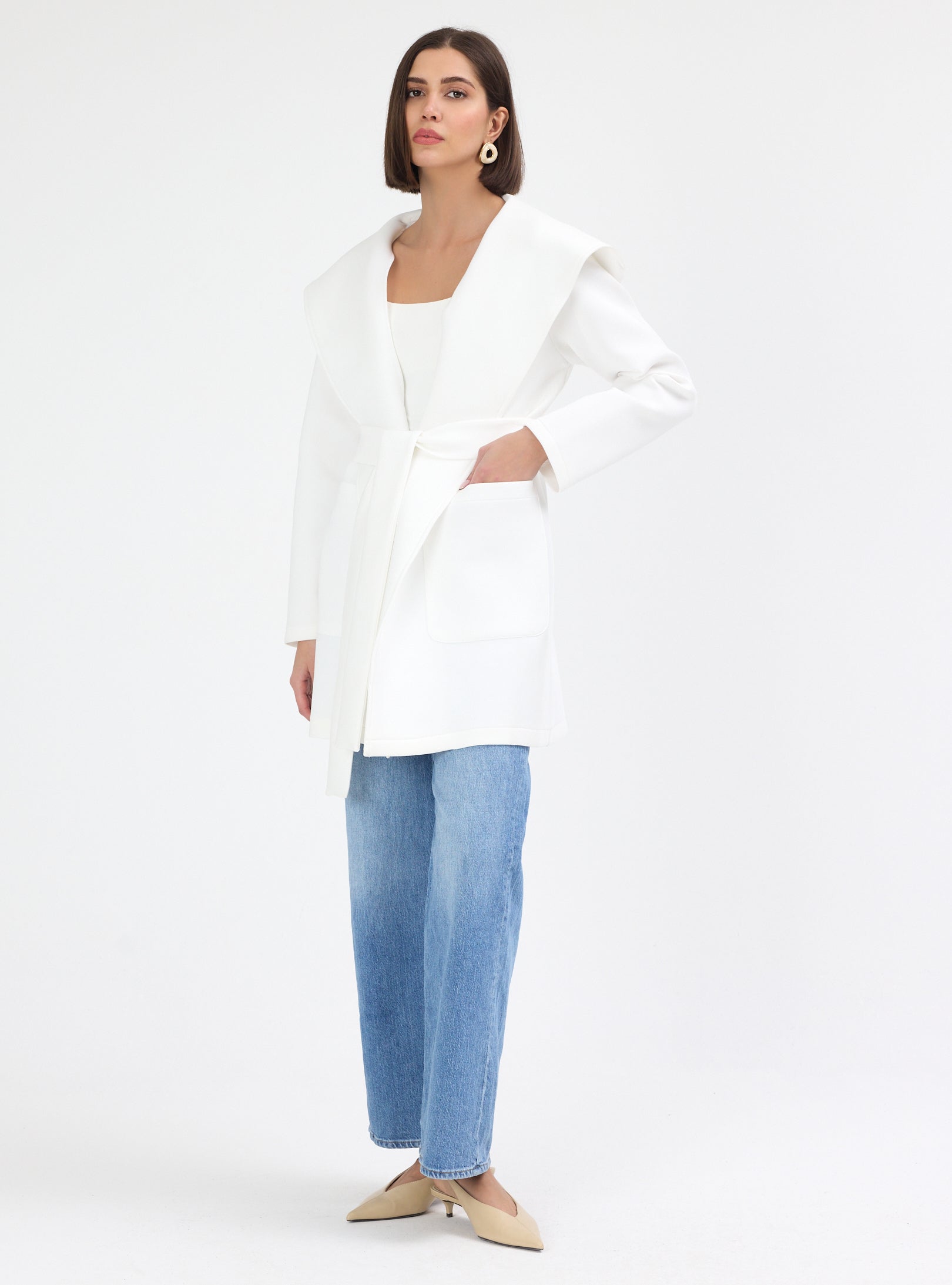 White Scuba Belted Jacket - Store WF