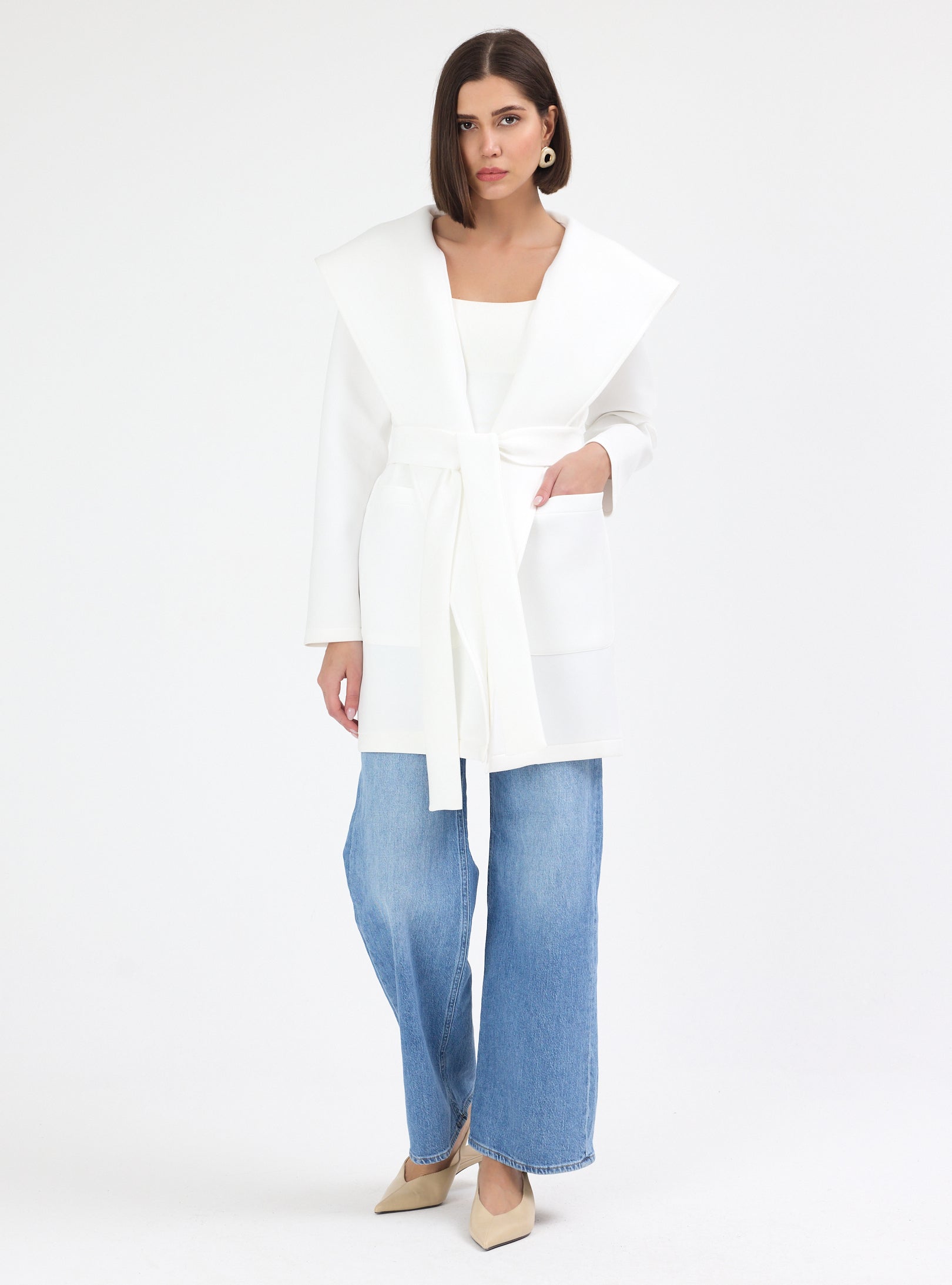 White Scuba Belted Jacket - Store WF