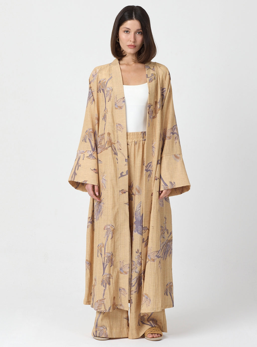 Yellow Print Kimono & Trouser Set
