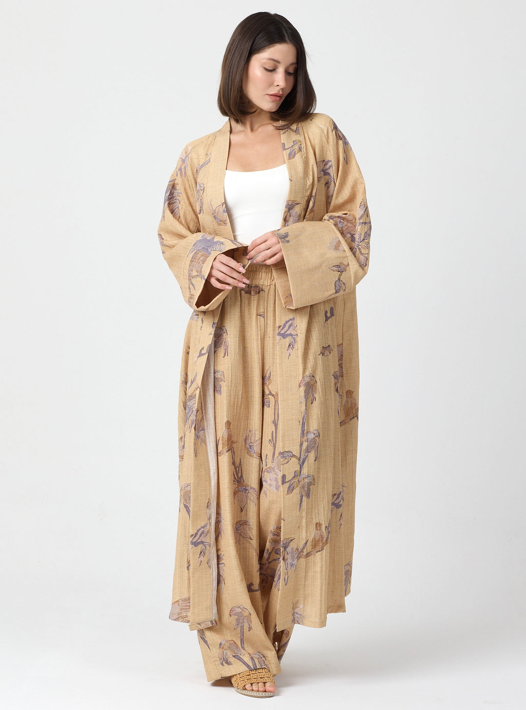 Yellow Print Kimono & Trouser Set