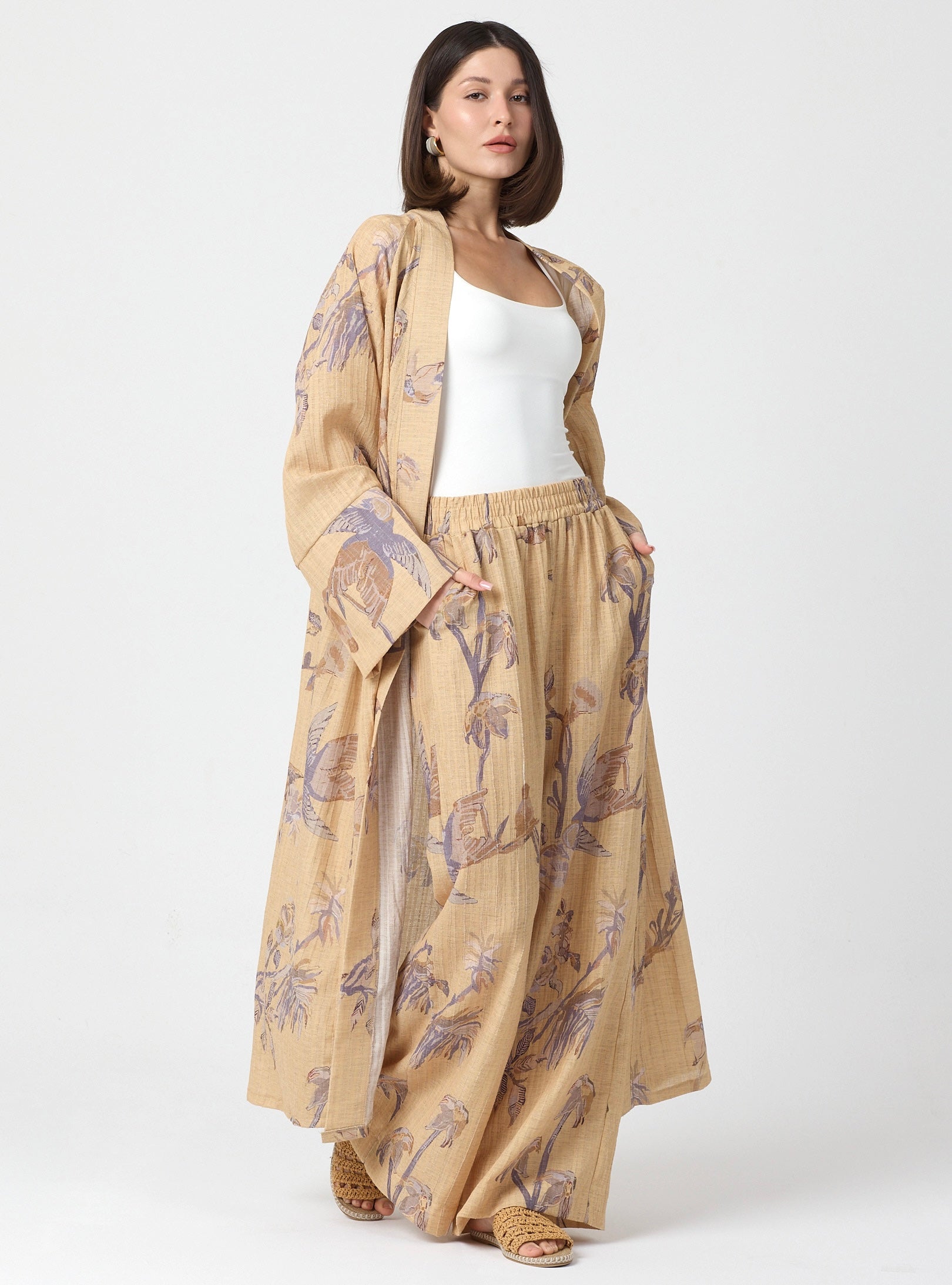 Yellow Print Kimono & Trouser Set