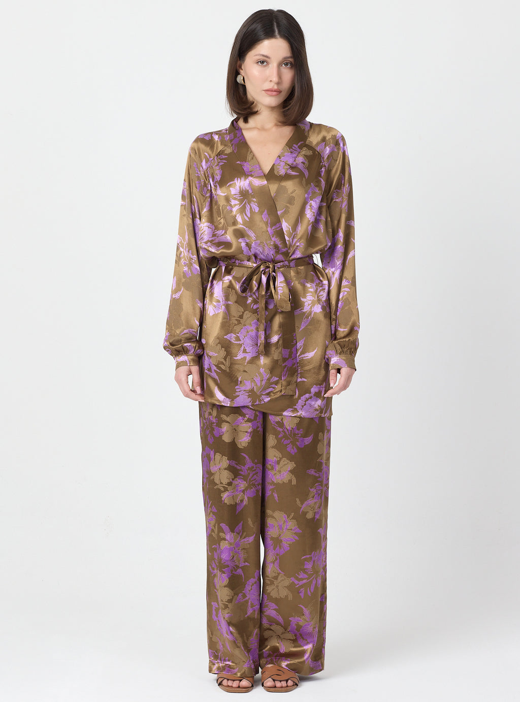 Pink Floral Print Kimono Set with Elastic Waist Pants