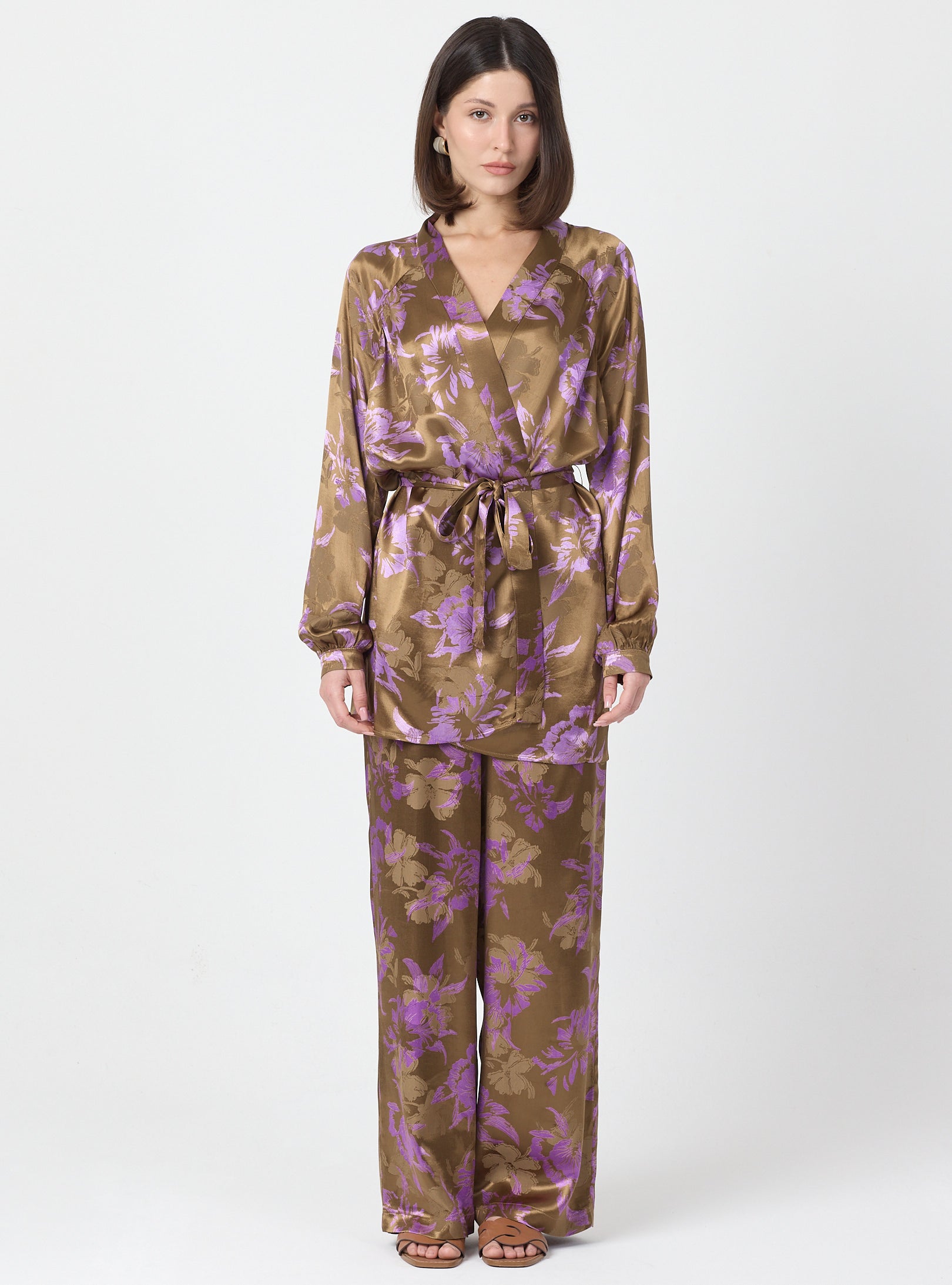 Pink Floral Print Kimono Set with Elastic Waist Pants