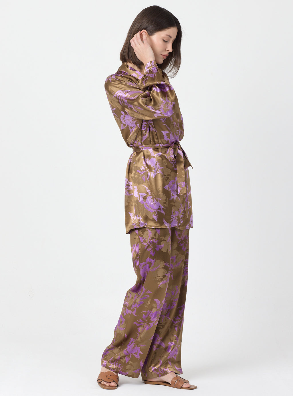 Pink Floral Print Kimono Set with Elastic Waist Pants