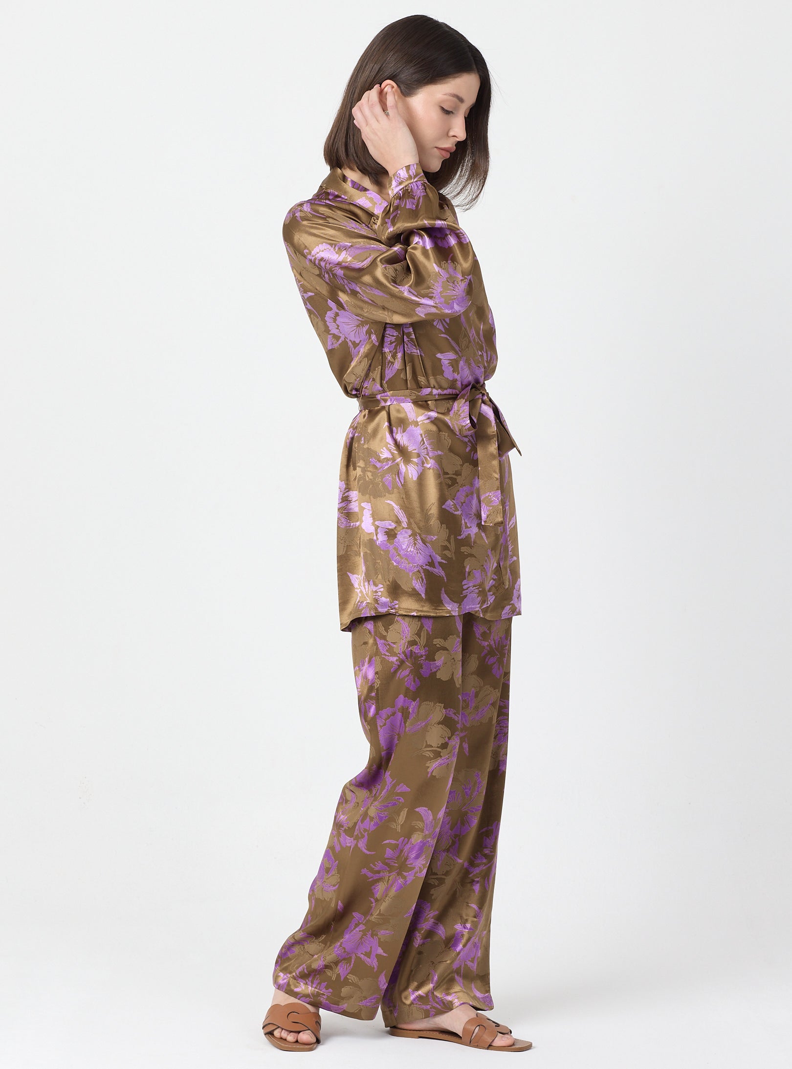 Pink Floral Print Kimono Set with Elastic Waist Pants