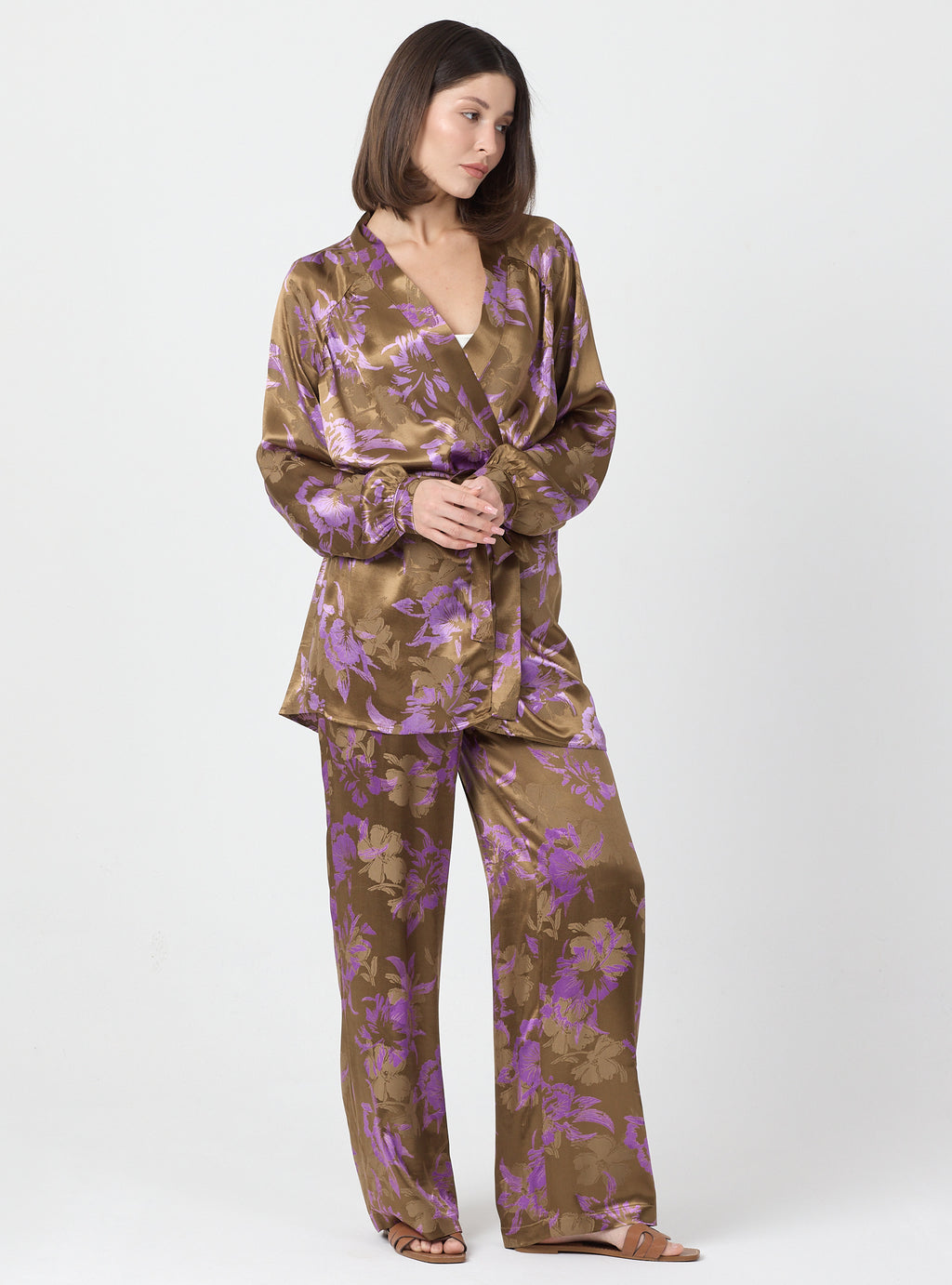 Pink Floral Print Kimono Set with Elastic Waist Pants