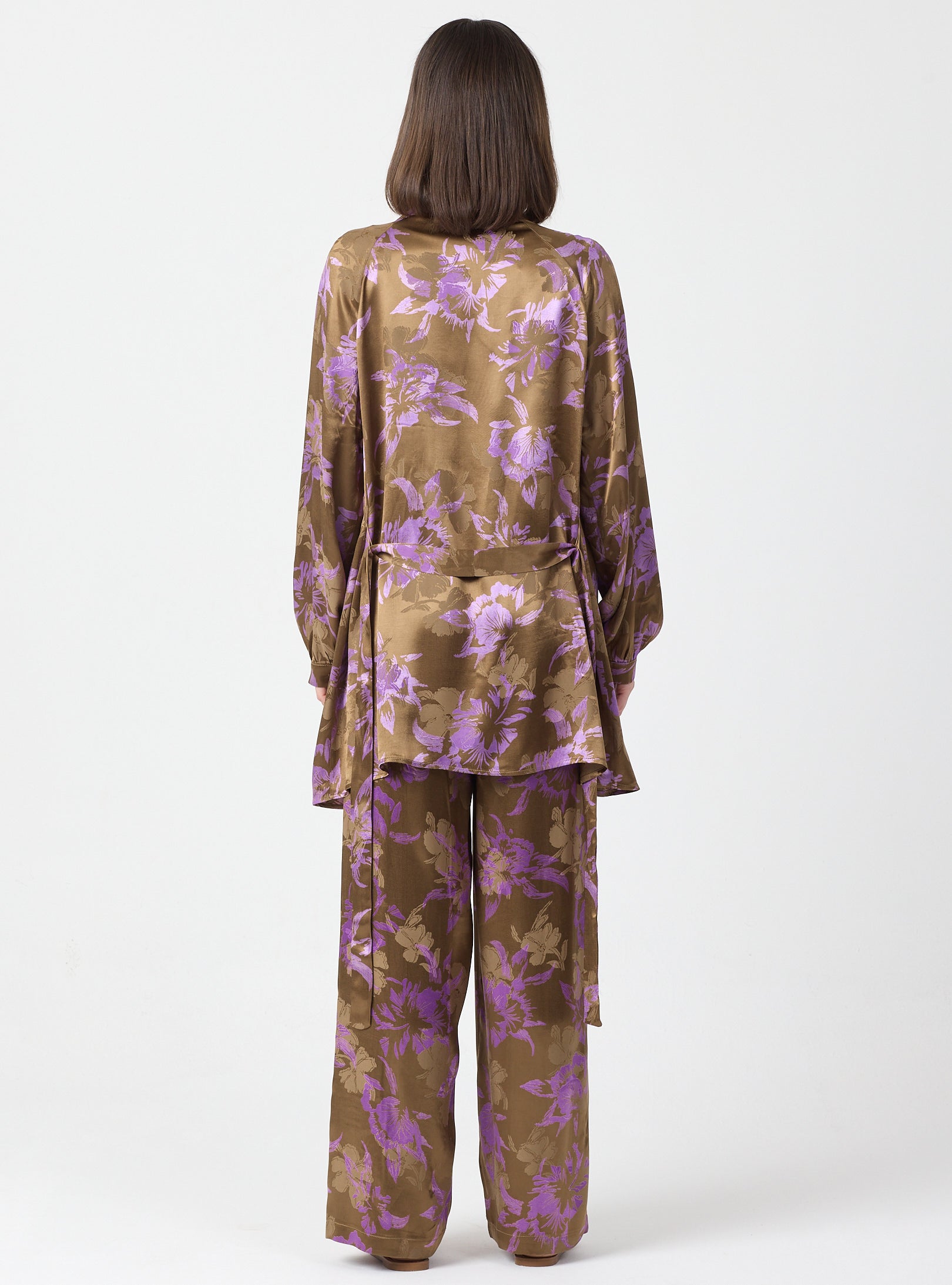 Pink Floral Print Kimono Set with Elastic Waist Pants