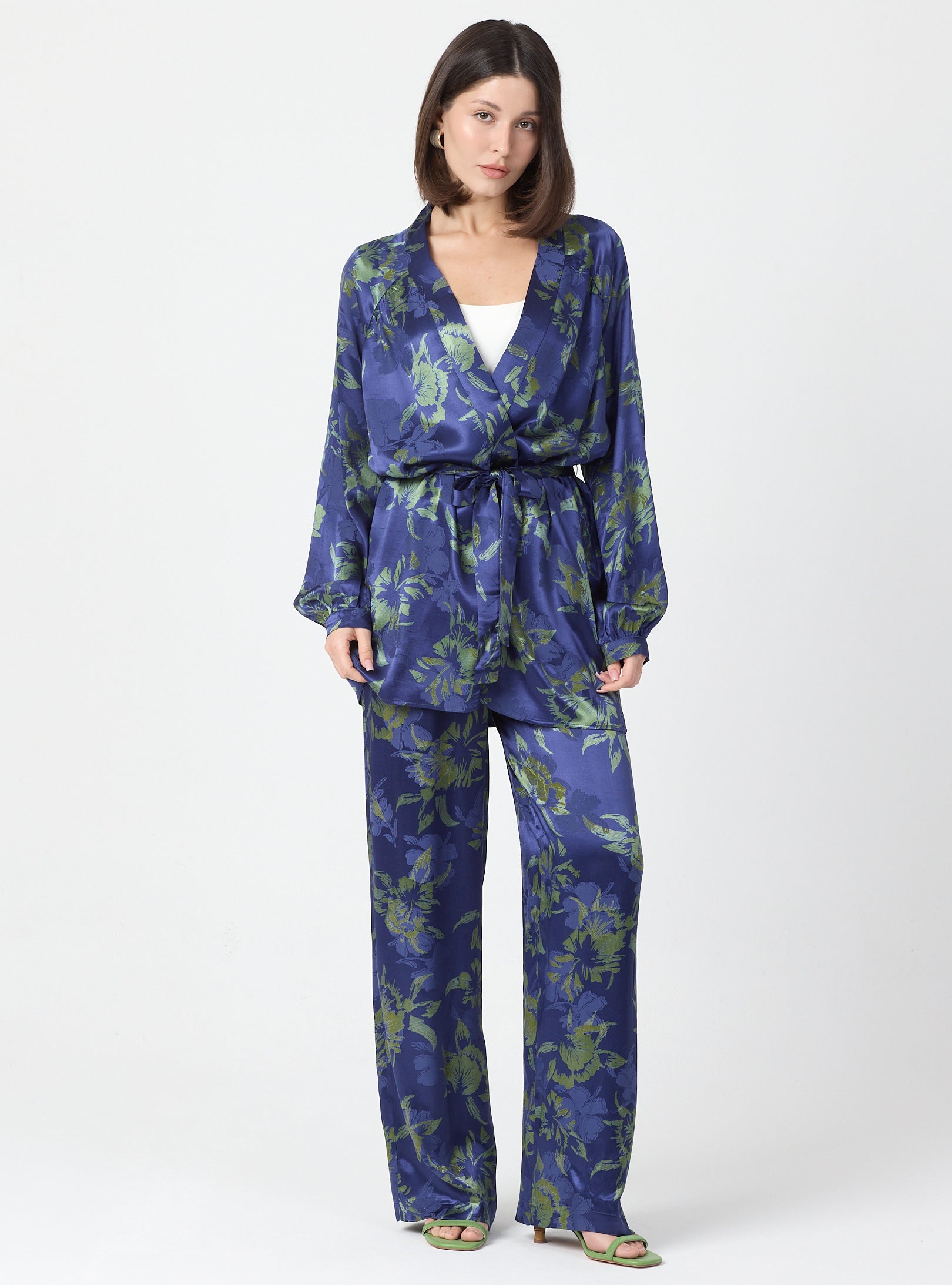 Green Floral Print Kimono Set with Elastic Waist Pants