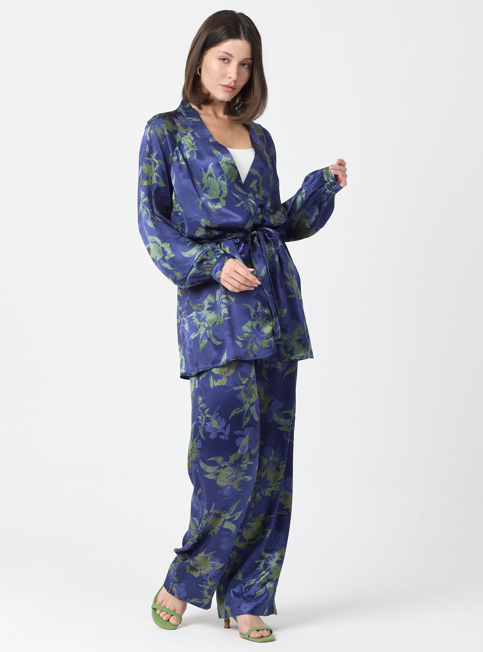 Green Floral Print Kimono Set with Elastic Waist Pants