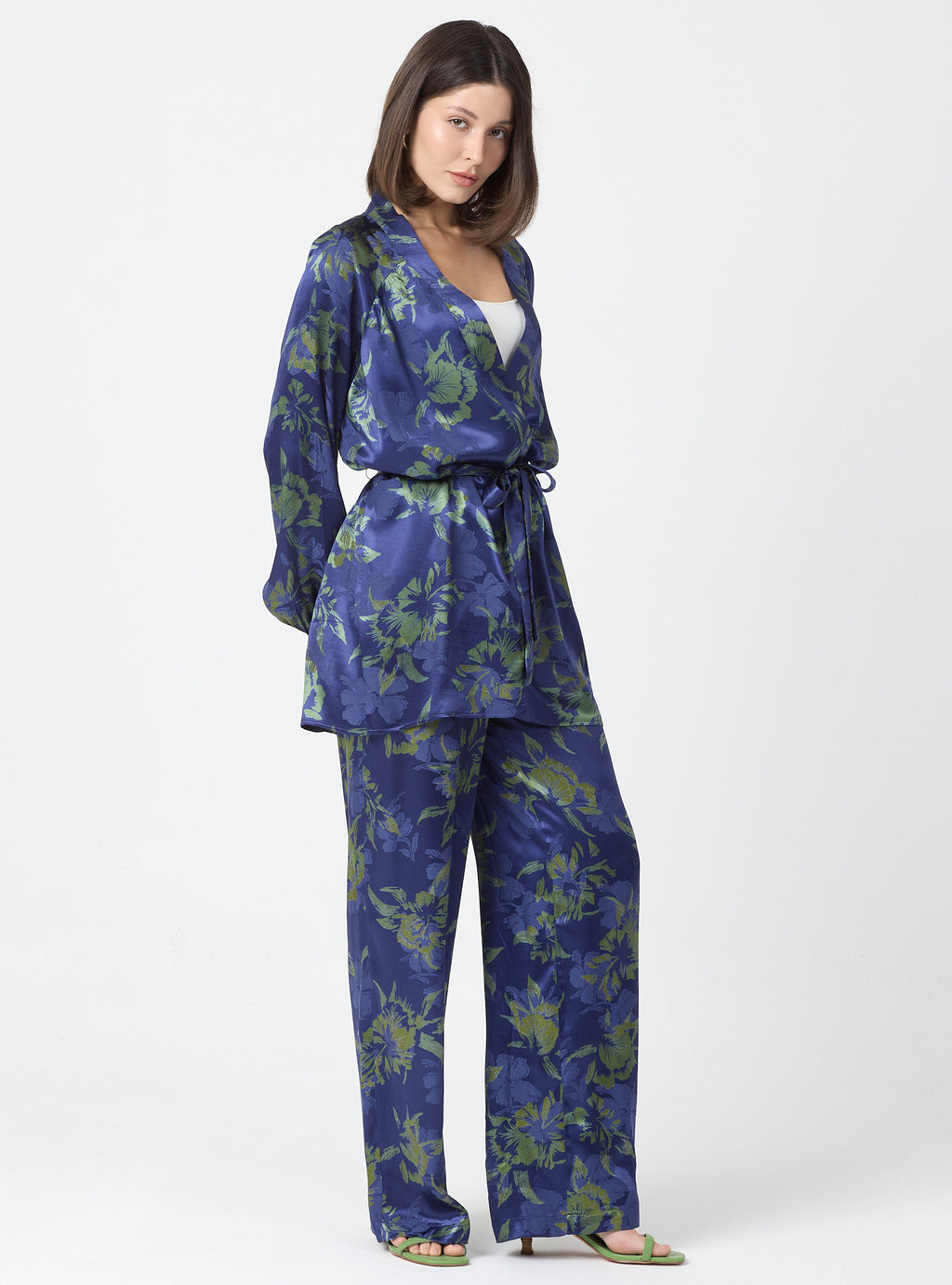 Green Floral Print Kimono Set with Elastic Waist Pants - Store WF