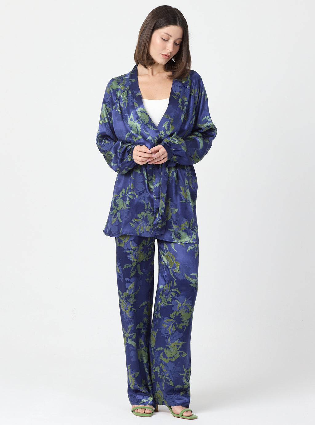 Green Floral Print Kimono Set with Elastic Waist Pants - Store WF
