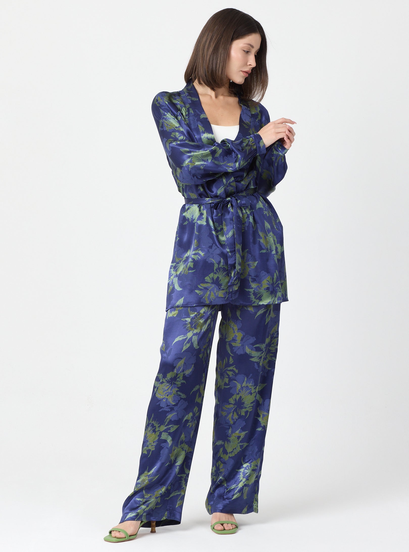 Green Floral Print Kimono Set with Elastic Waist Pants