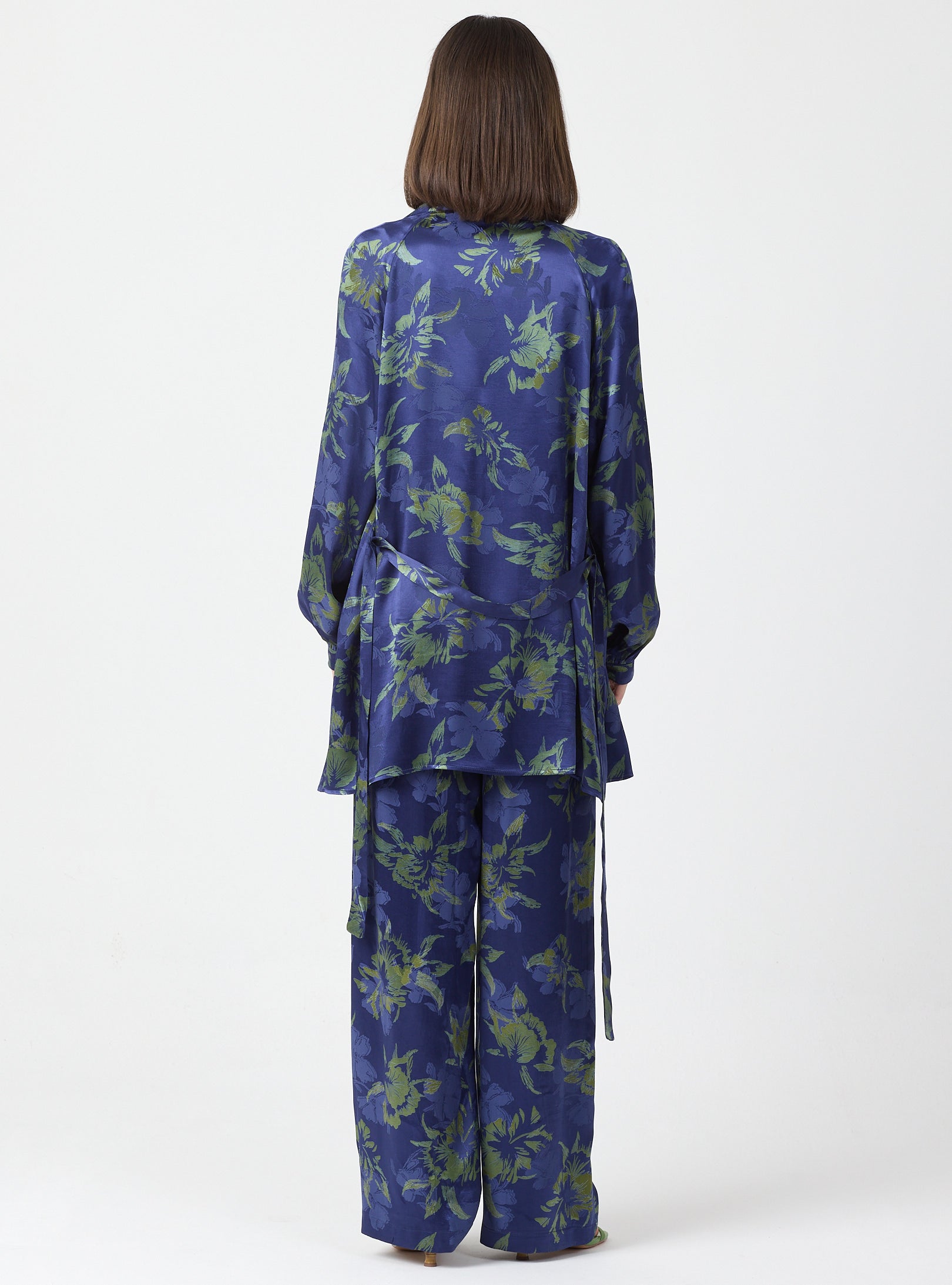 Green Floral Print Kimono Set with Elastic Waist Pants - Store WF