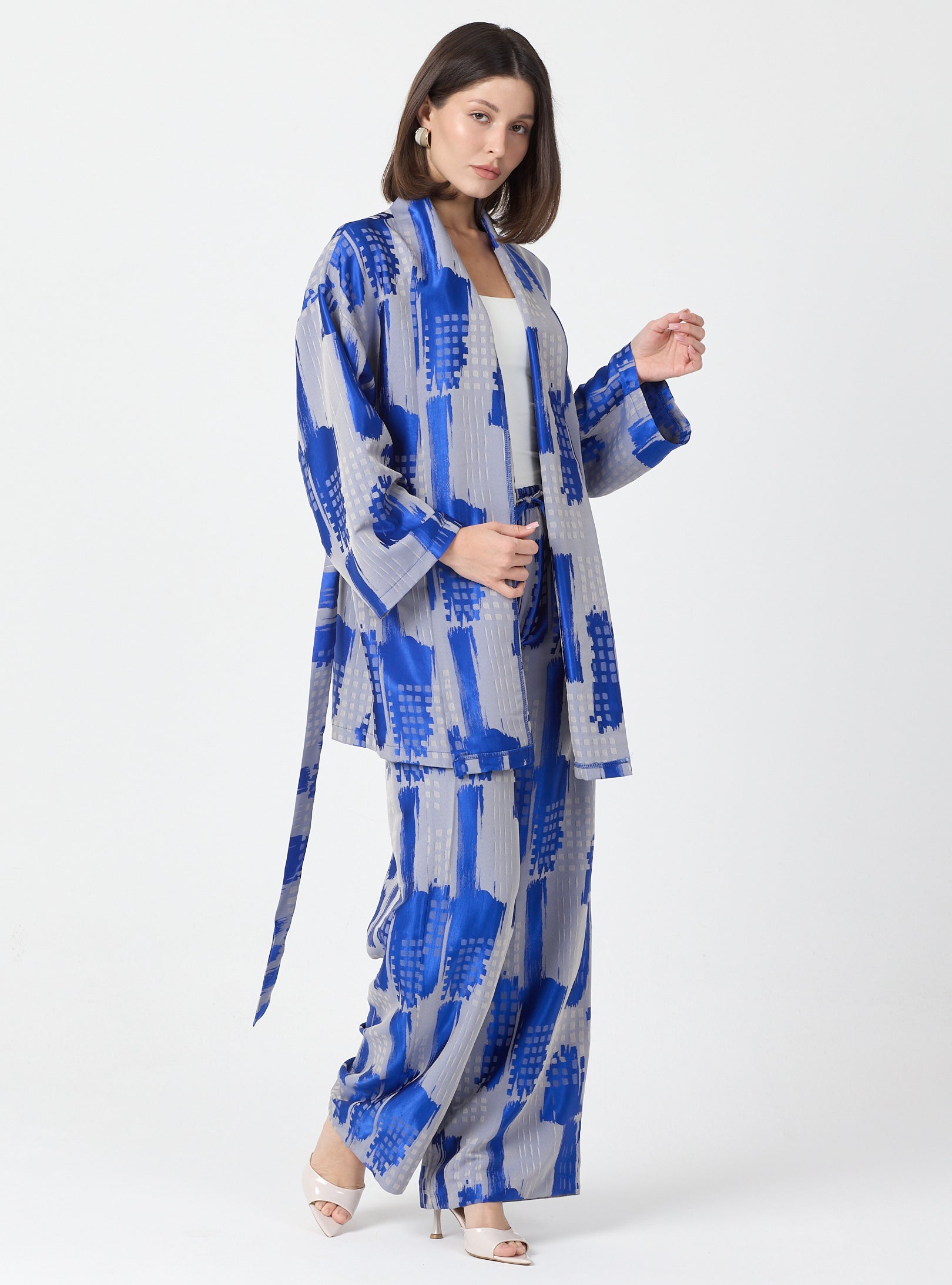 Blue Modern Print Shawl Collar Kimono Set with Elastic Waist Pants