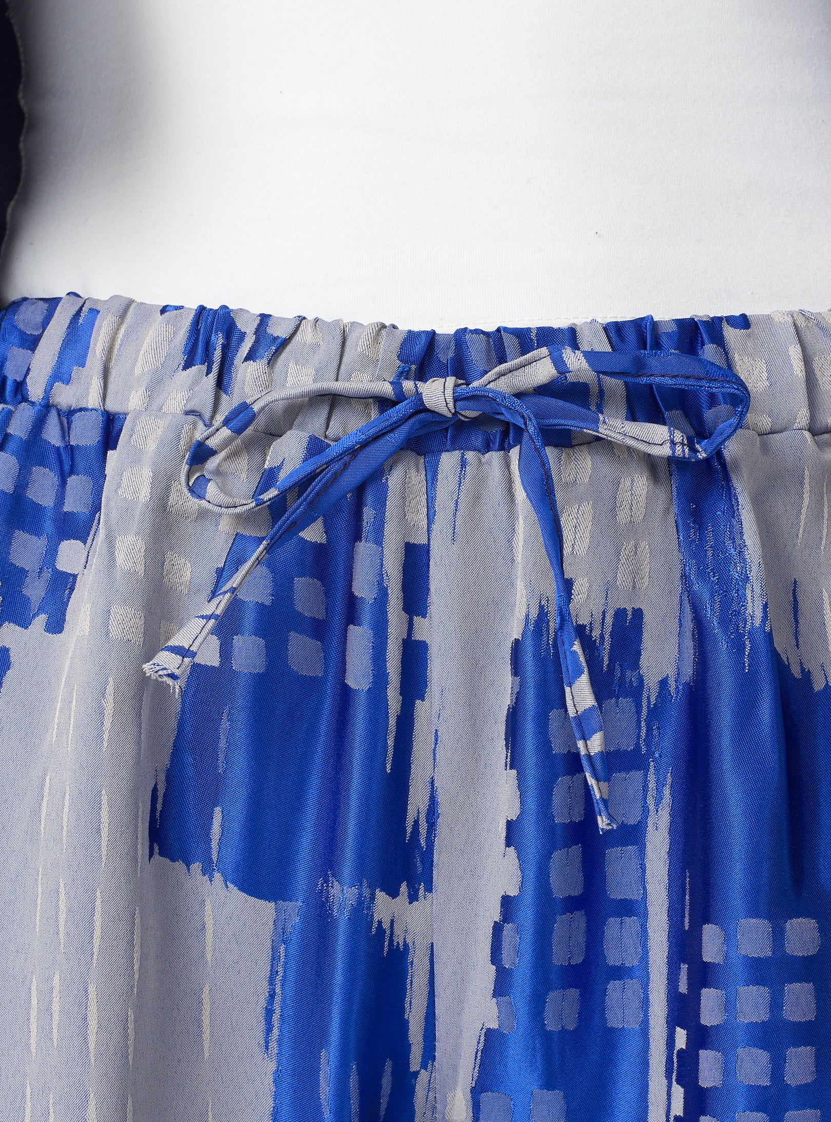 Blue Modern Print Shawl Collar Kimono Set with Elastic Waist Pants