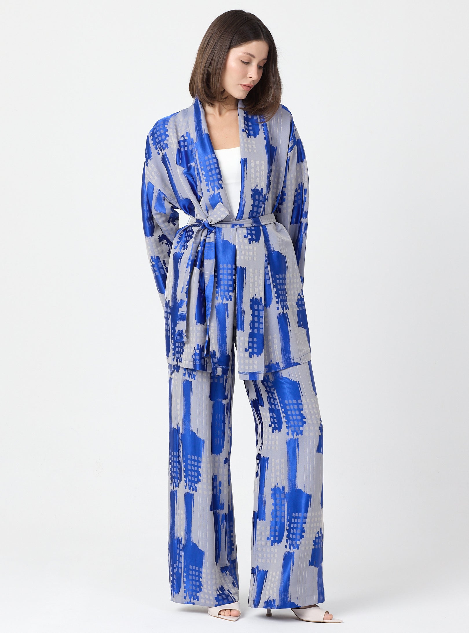 Blue Modern Print Shawl Collar Kimono Set with Elastic Waist Pants