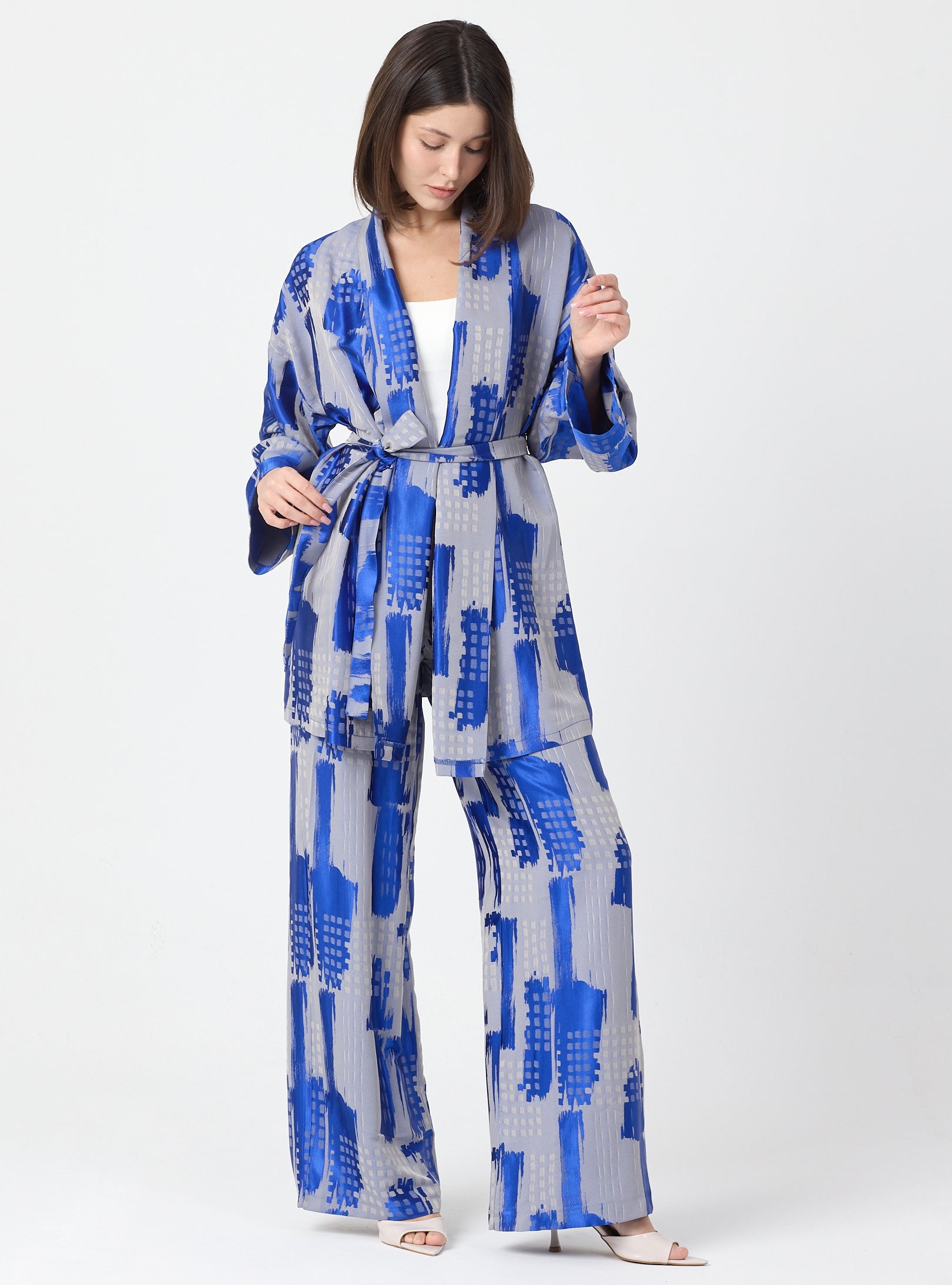 Blue Modern Print Shawl Collar Kimono Set with Elastic Waist Pants