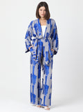 Blue Modern Print Shawl Collar Kimono Set with Elastic Waist Pants - Store WF