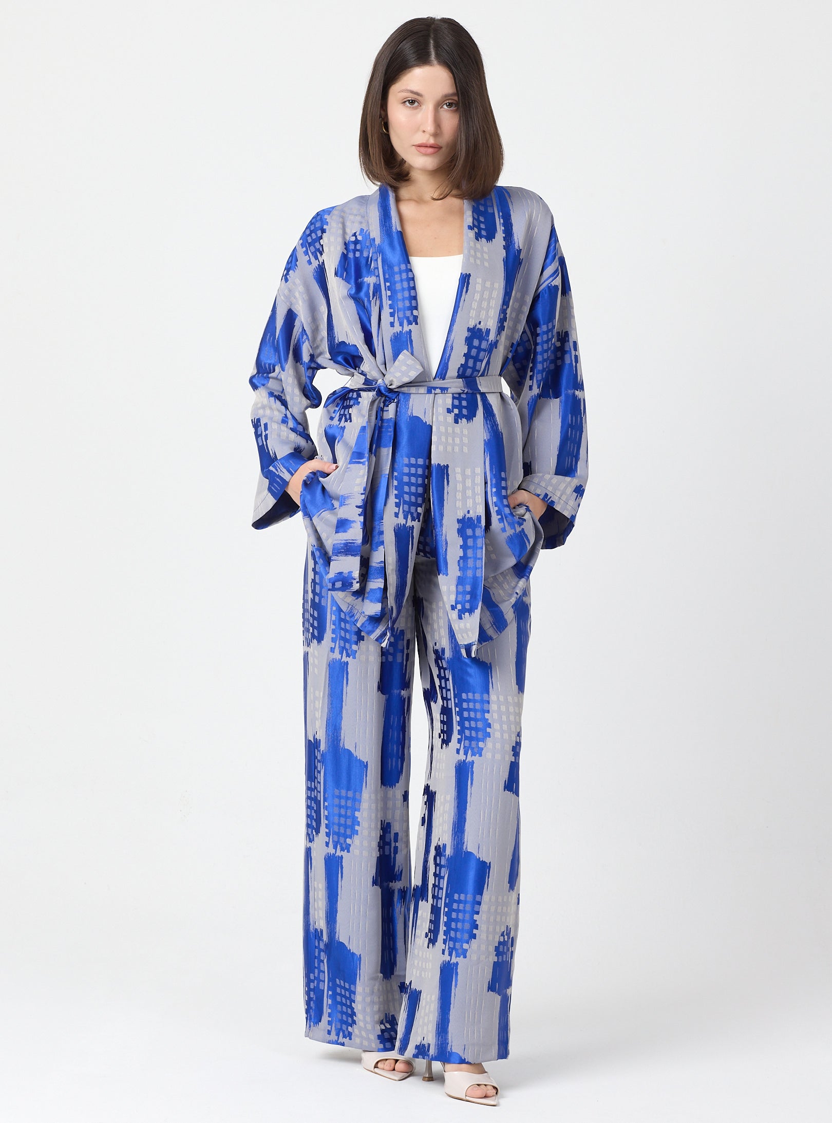 Blue Modern Print Shawl Collar Kimono Set with Elastic Waist Pants