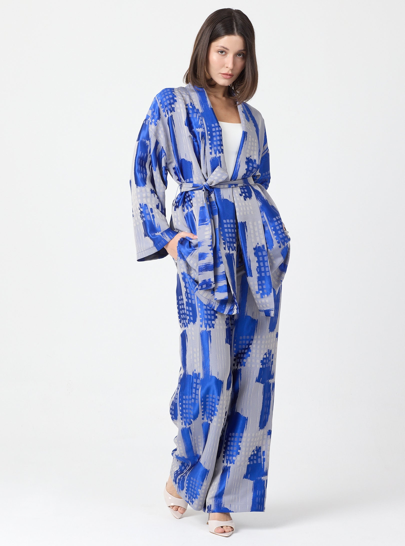 Blue Modern Print Shawl Collar Kimono Set with Elastic Waist Pants