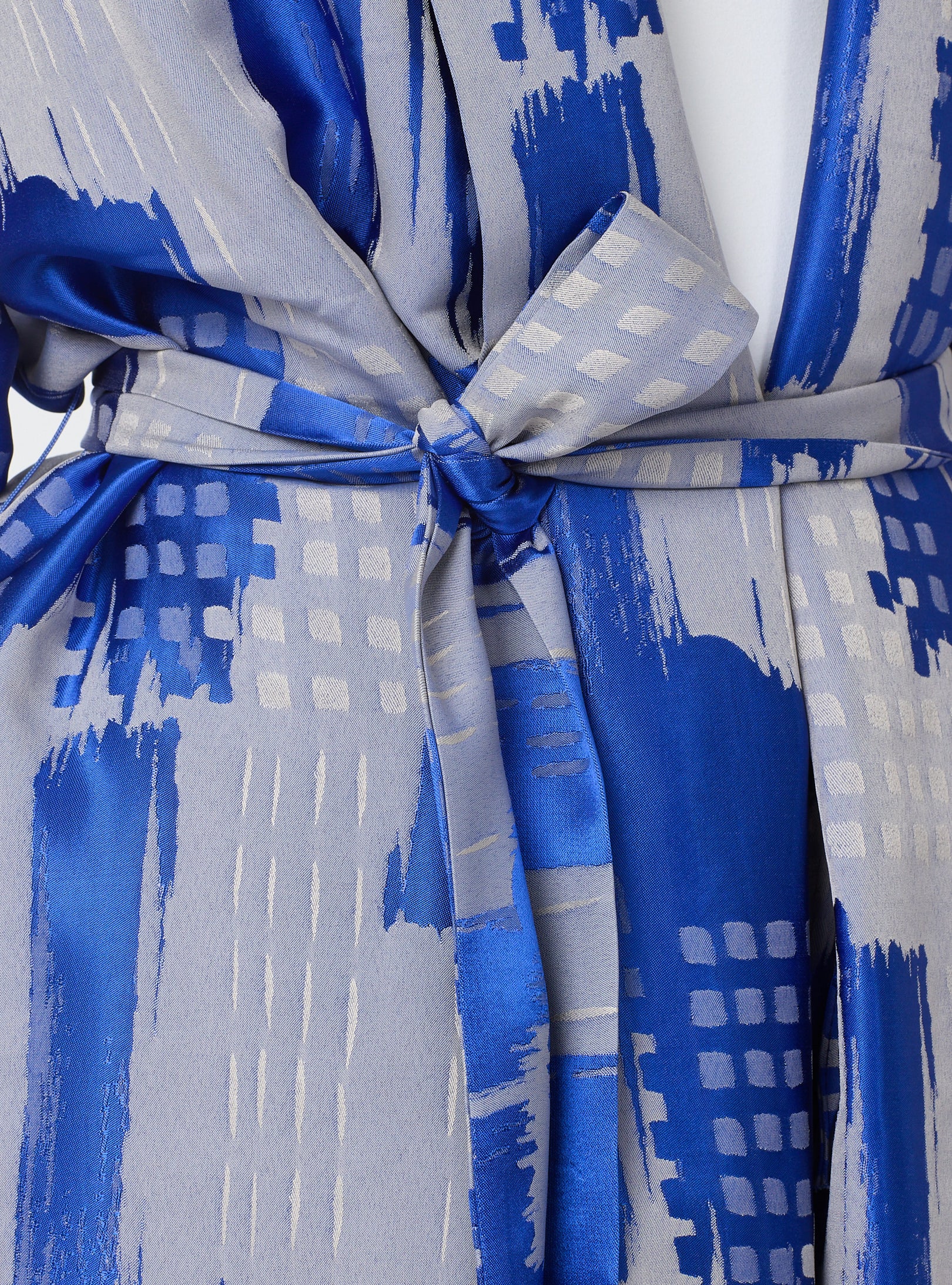 Blue Modern Print Shawl Collar Kimono Set with Elastic Waist Pants