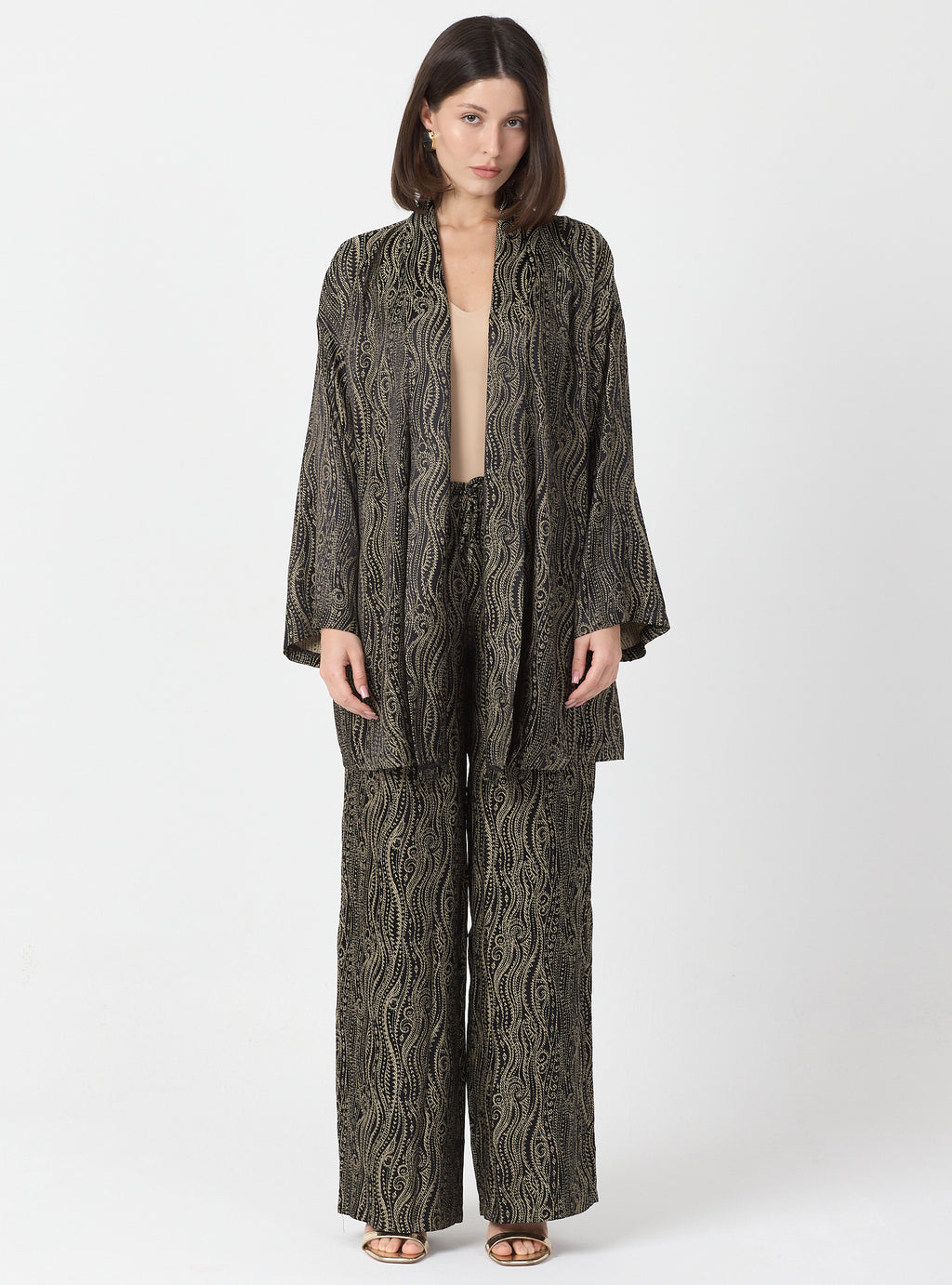 Shawl Collar Kimono Set with Elastic Waist Pants - Store WF